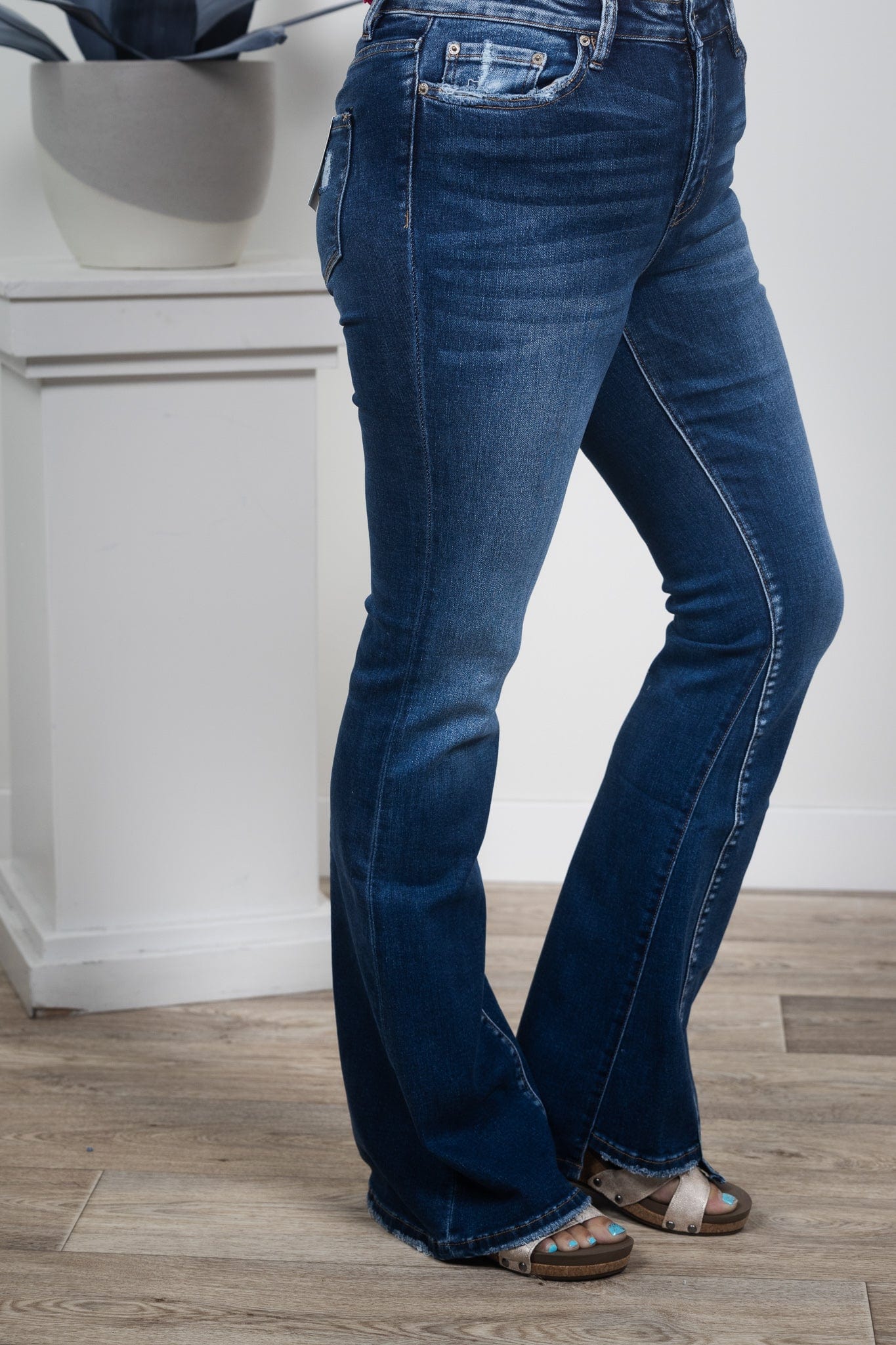 Dark High Rise Panel Flare Denim