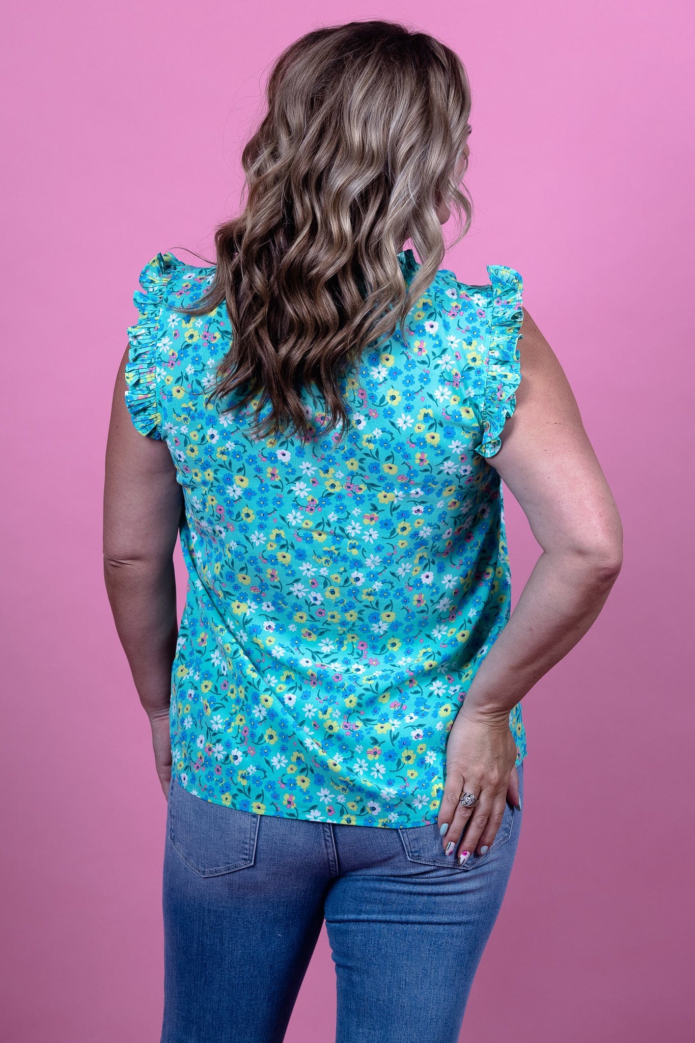 Dark Mint Floral Pleated Ruffle Blouse