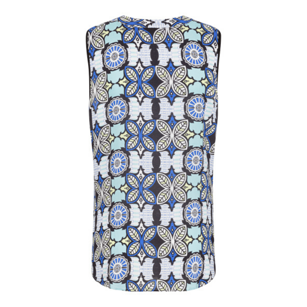 Blue and black patterned tank top, black tassel accent