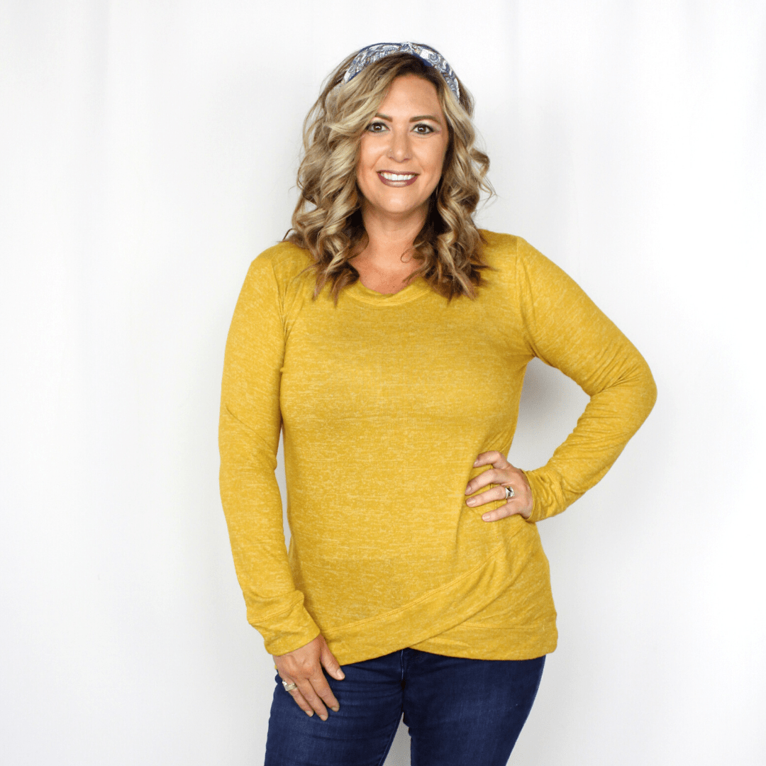 Long sleeve mustard yellow shirt with wrap detail