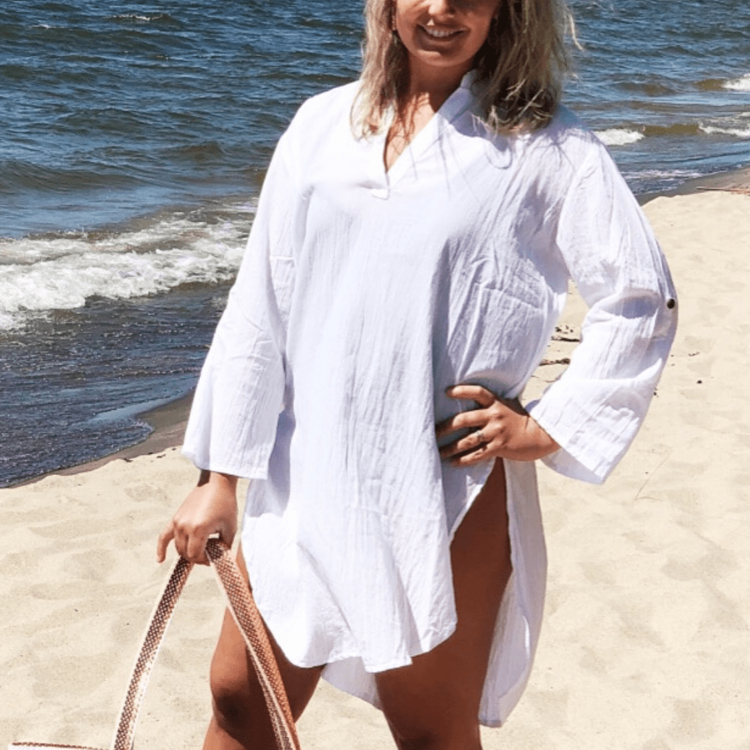 White long sleeve tunic, v-neck