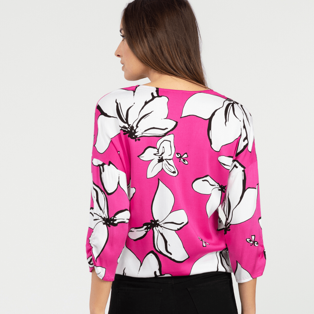 Hot pink floral 3/4 length sleeve blouse with tie accent