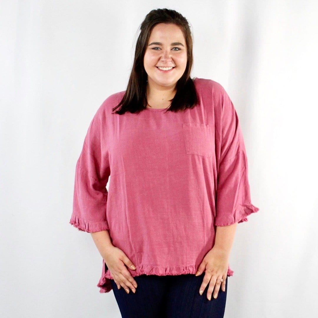 Berry Bell Sleeve Frayed Hem Top