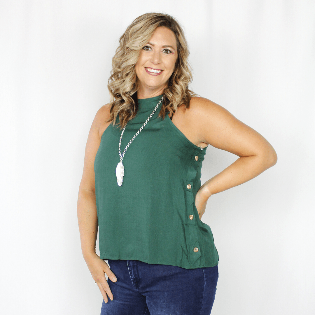 Green halter neckline tank top with button accents down the side