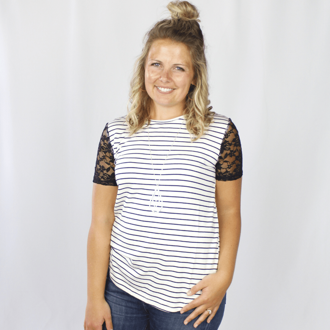 Black and white short sleeve shirt, black lace sleeves