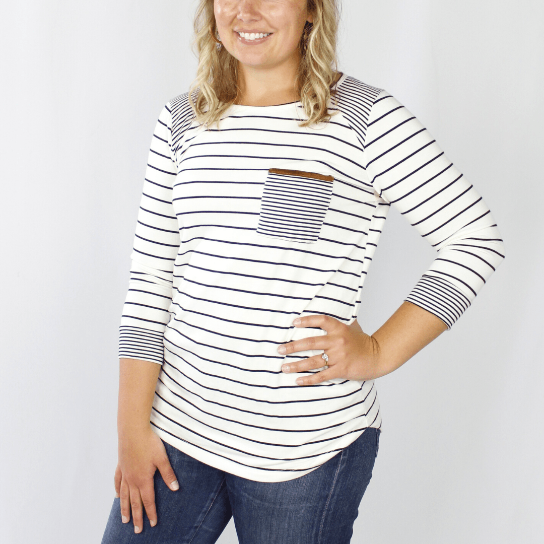Long sleeve black and white striped shirt with pocket