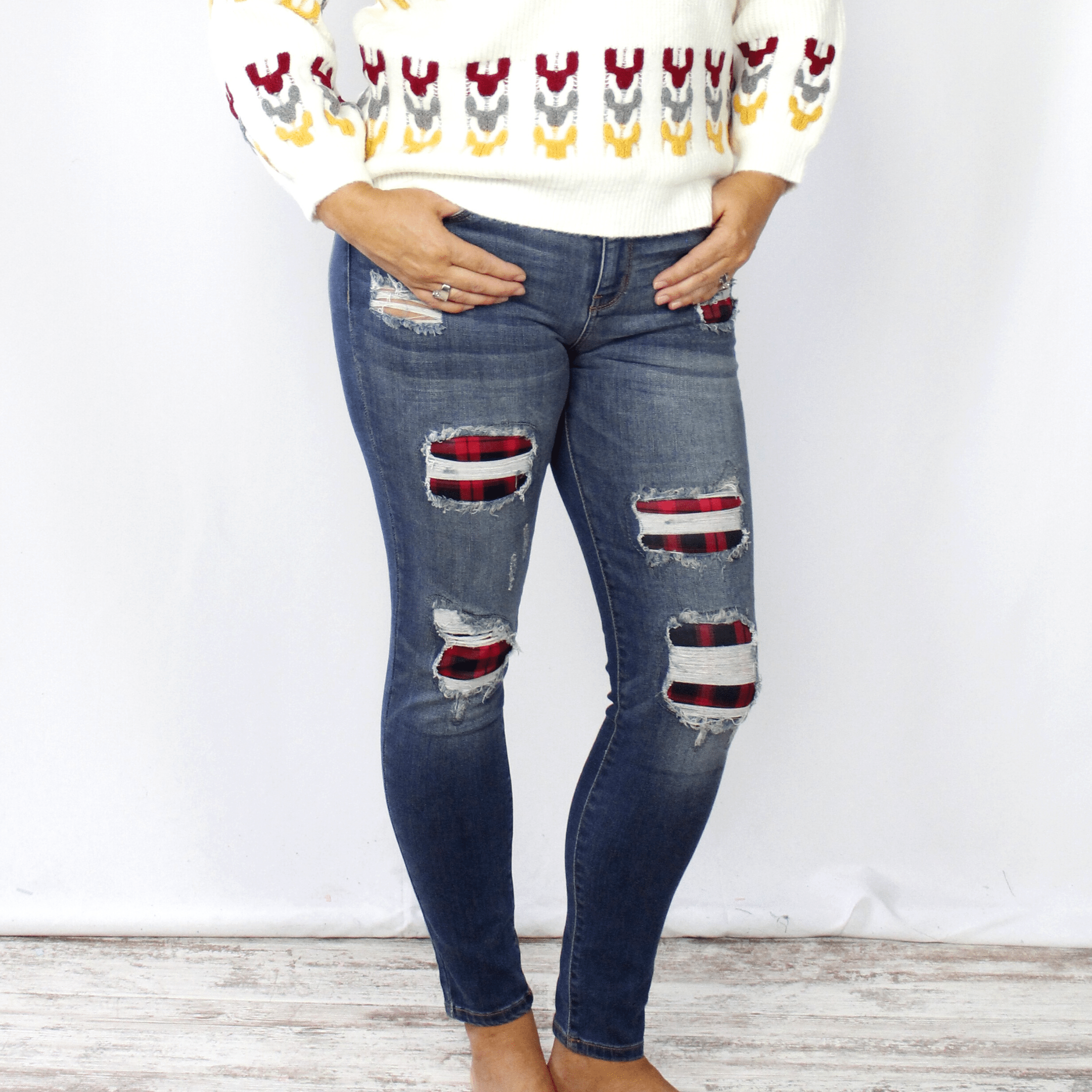 Plaid Patch Destroy Skinny Jeans