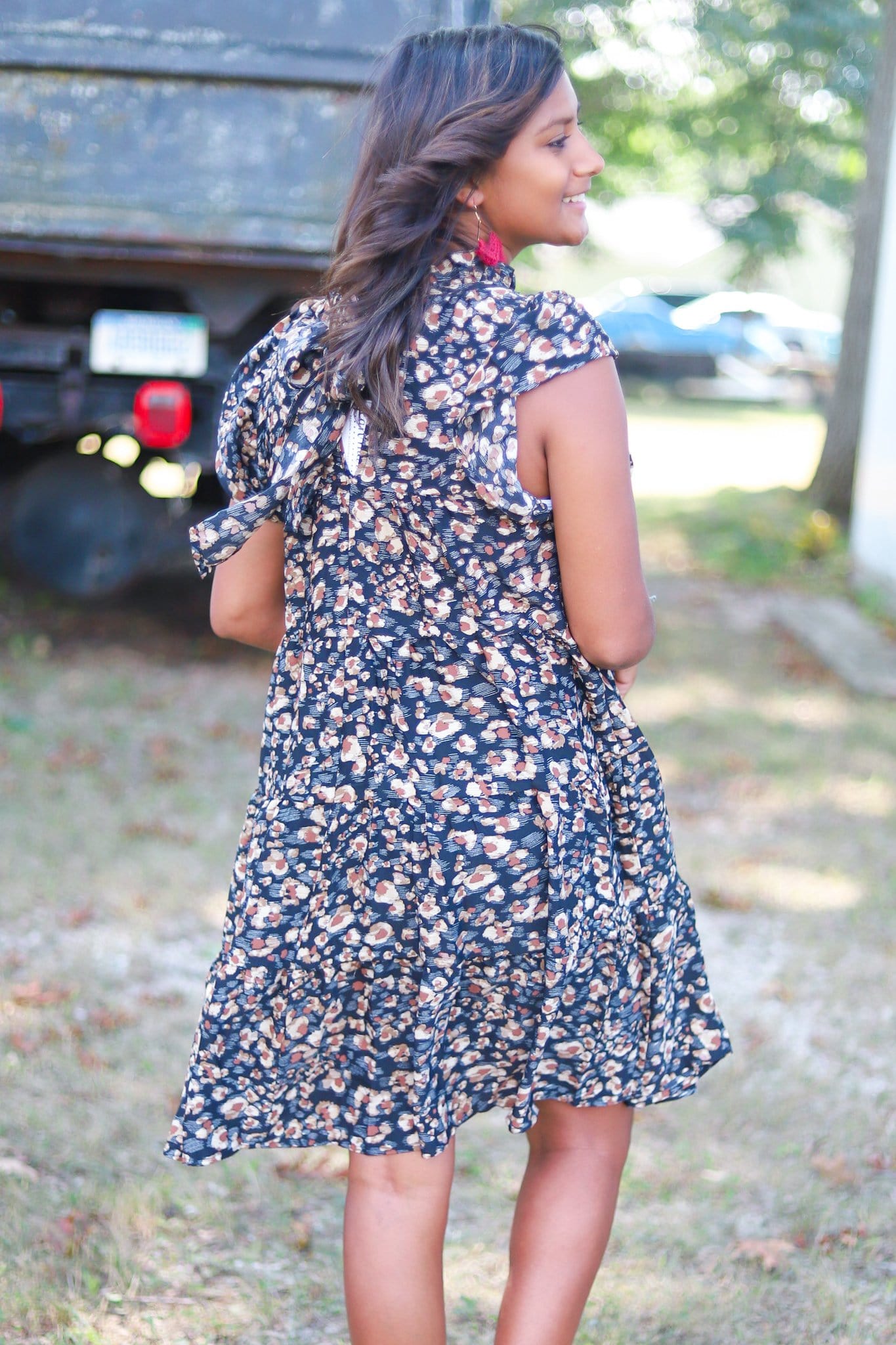 Black Printed Neck Tie Ruffle Dress