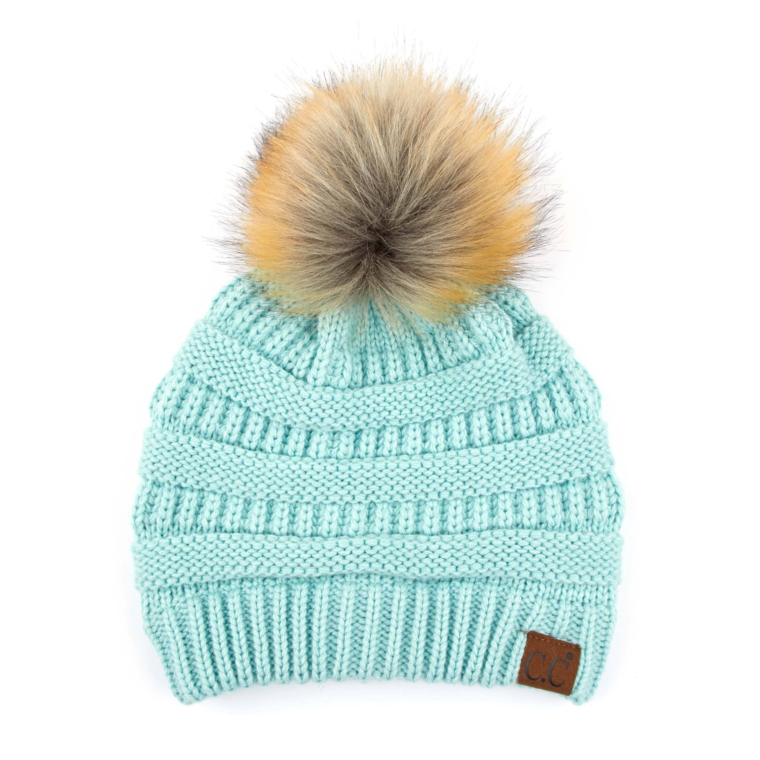 Solid Ribbed Fur Pom Beanie