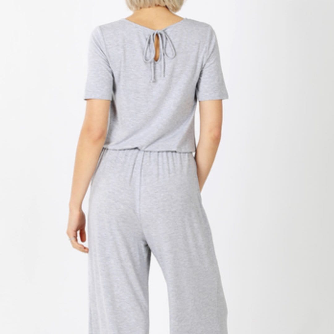 Light gray capri pocket jumpsuit with drawstring waist