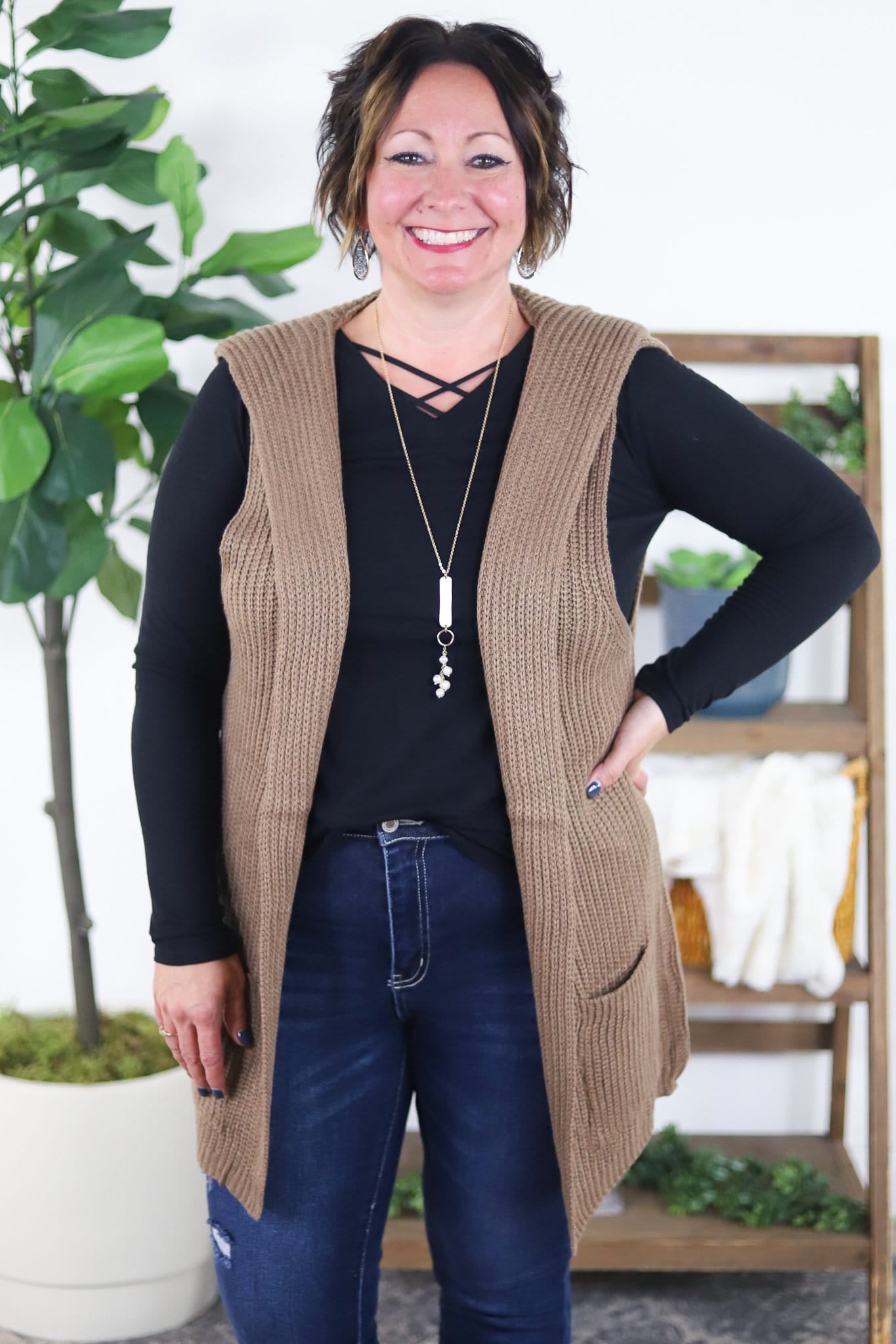 Solid Knit Hooded & Pocket Vest