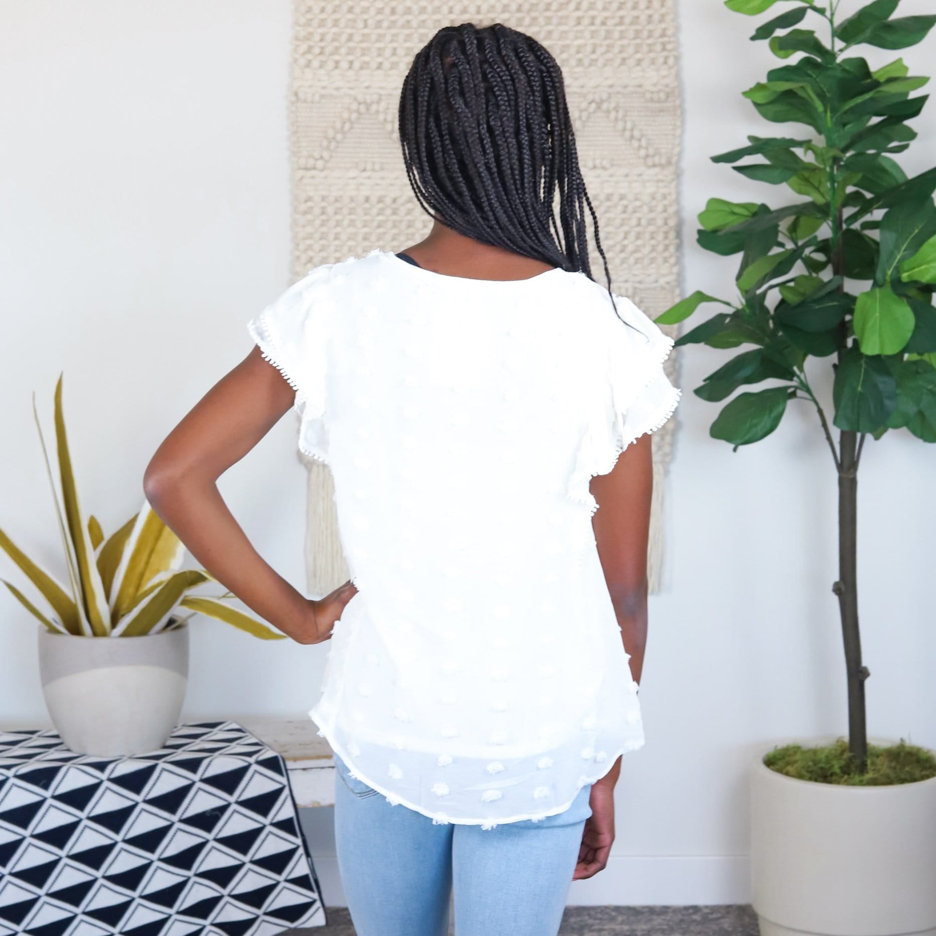 Off White Woven Keyhole Flutter Top