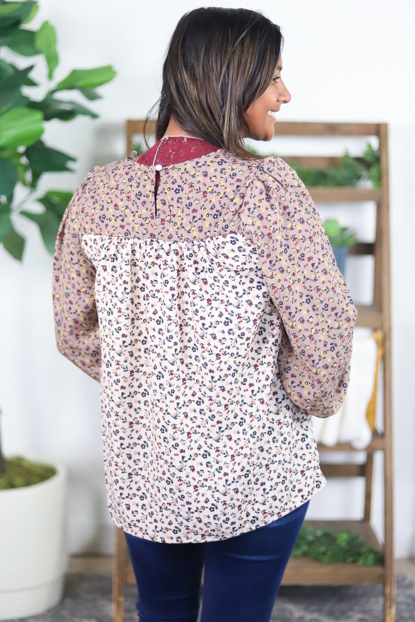Taupe Mocha Floral Babydoll Blouse