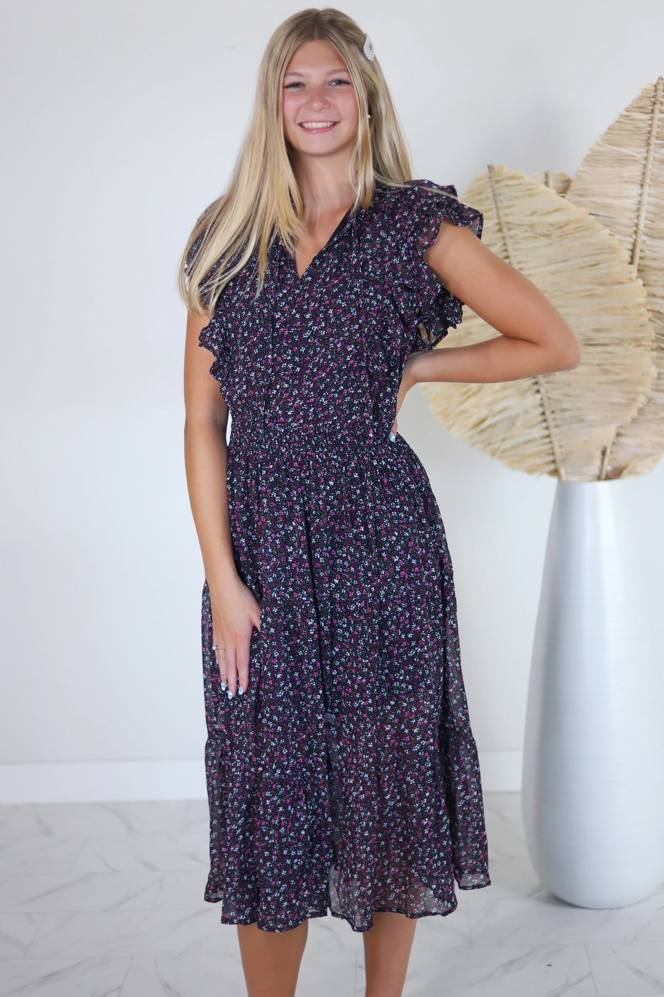 Ruffle Shoulder Floral Dress