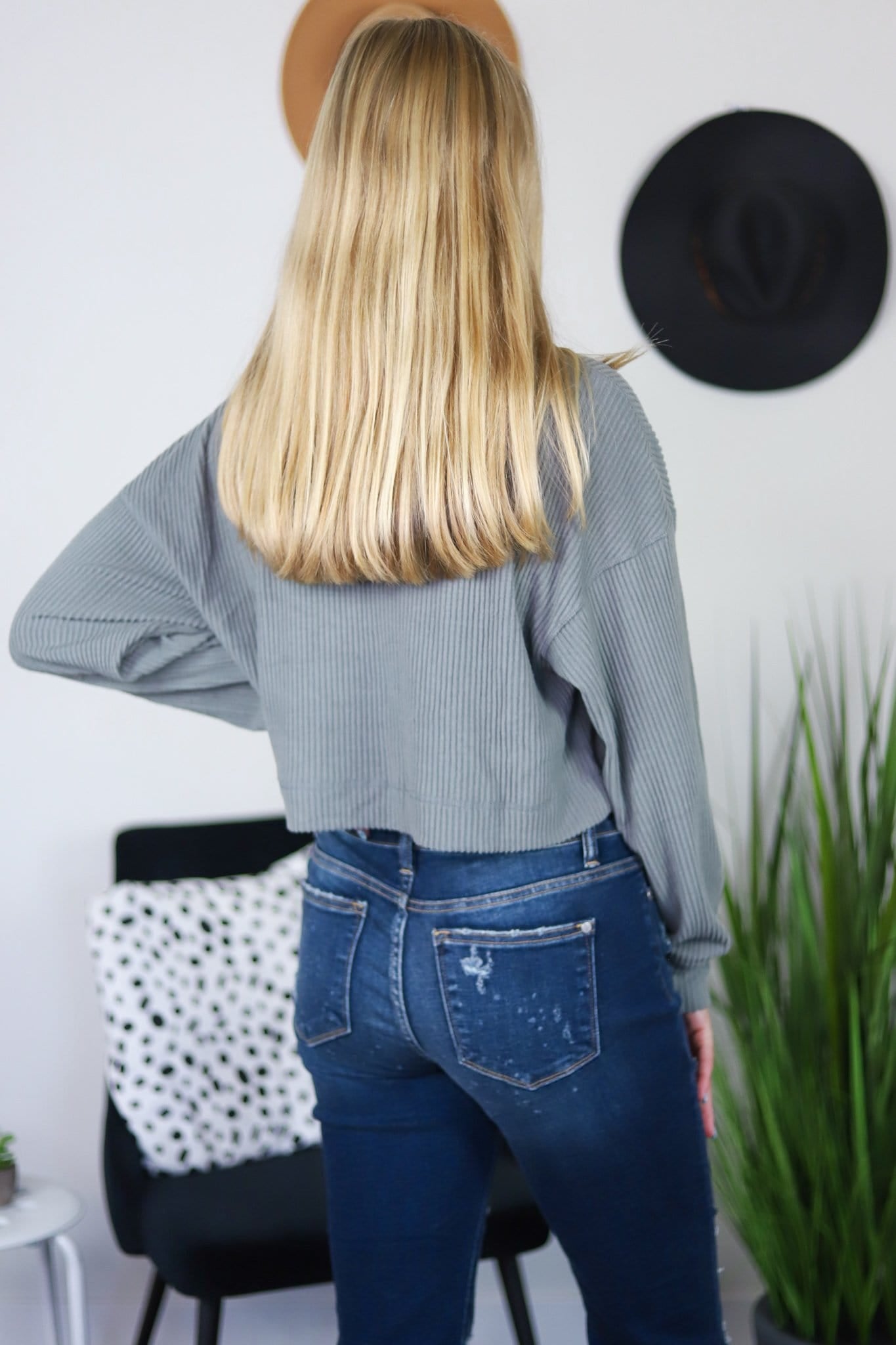 Moon Mist Ribbed Cropped Hoodie Top