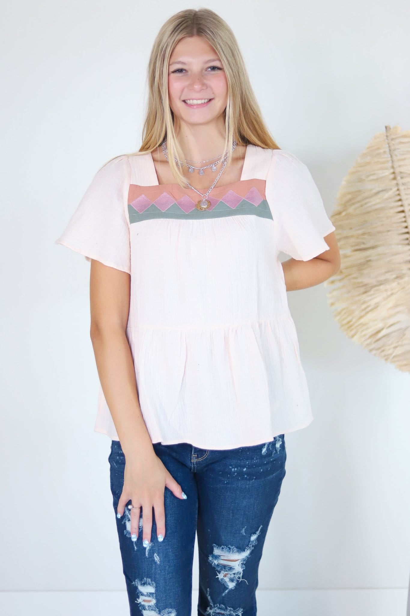 Diamond Embroidered Peplum Top