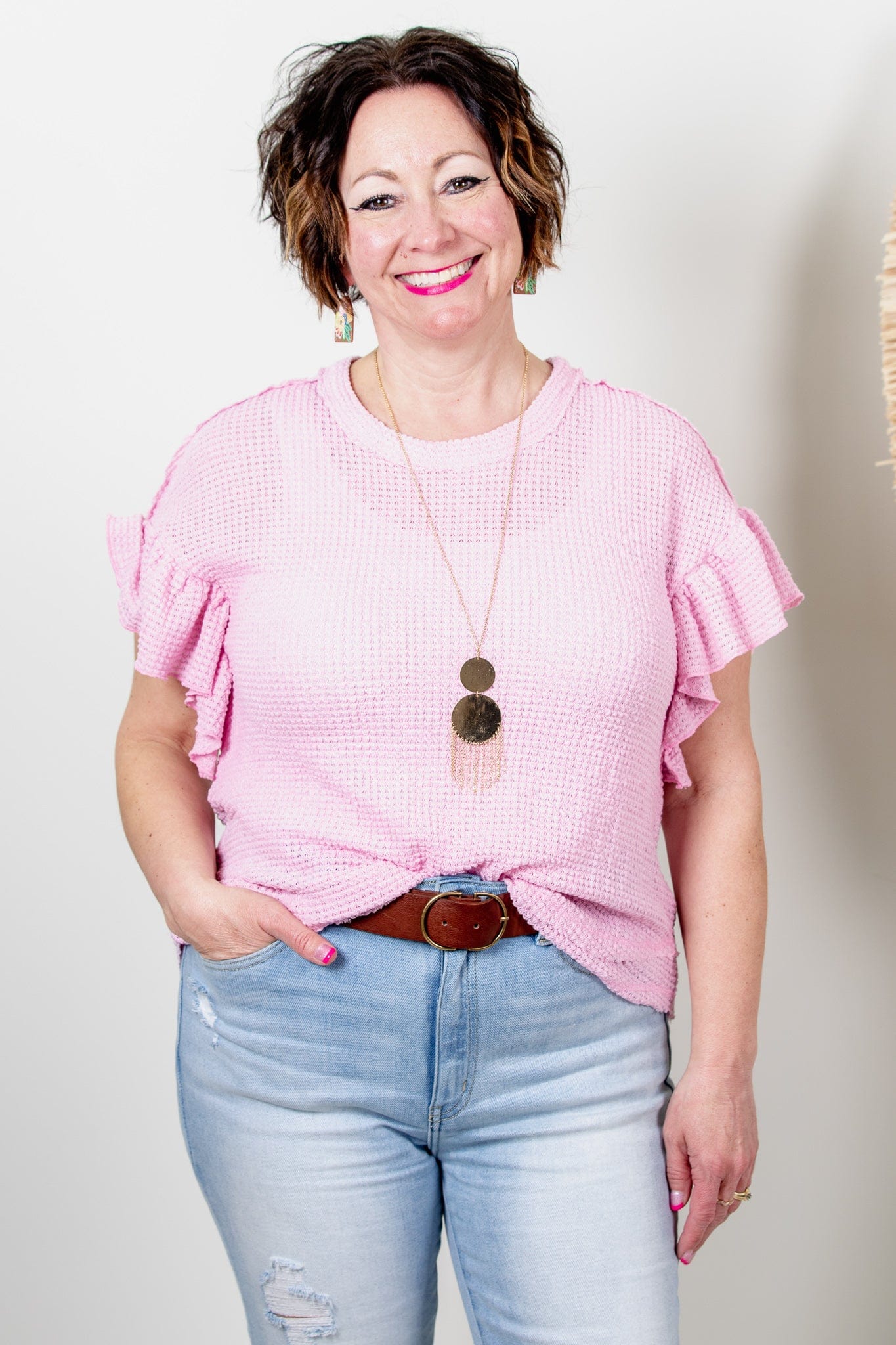 Pink Waffle Knit Flutter Sleeve Top
