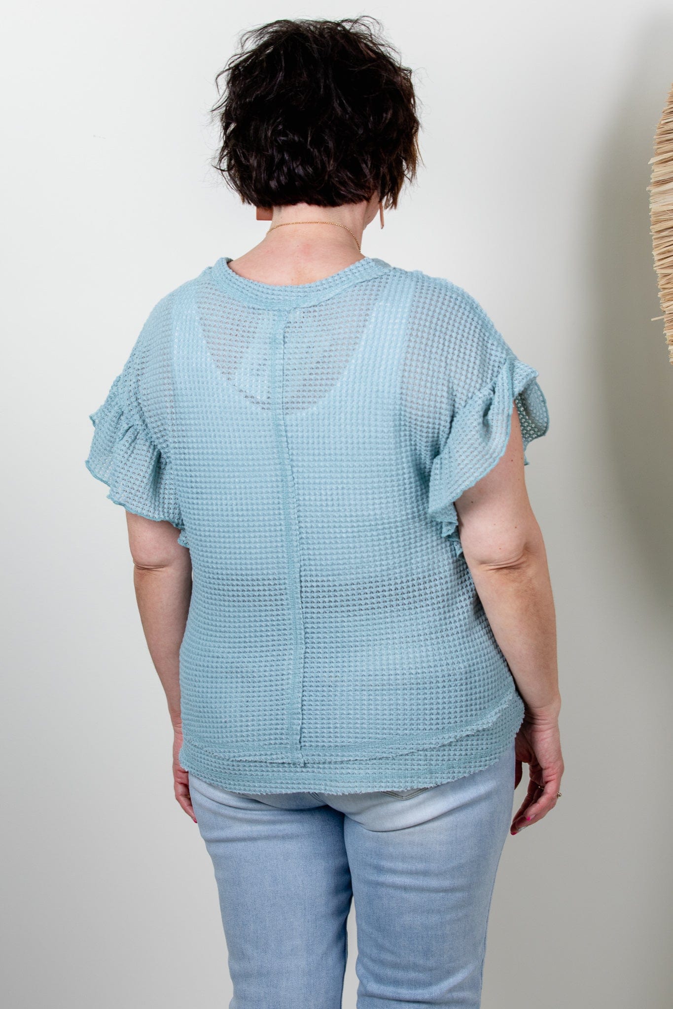 Mint Waffle Knit Flutter Sleeve Top
