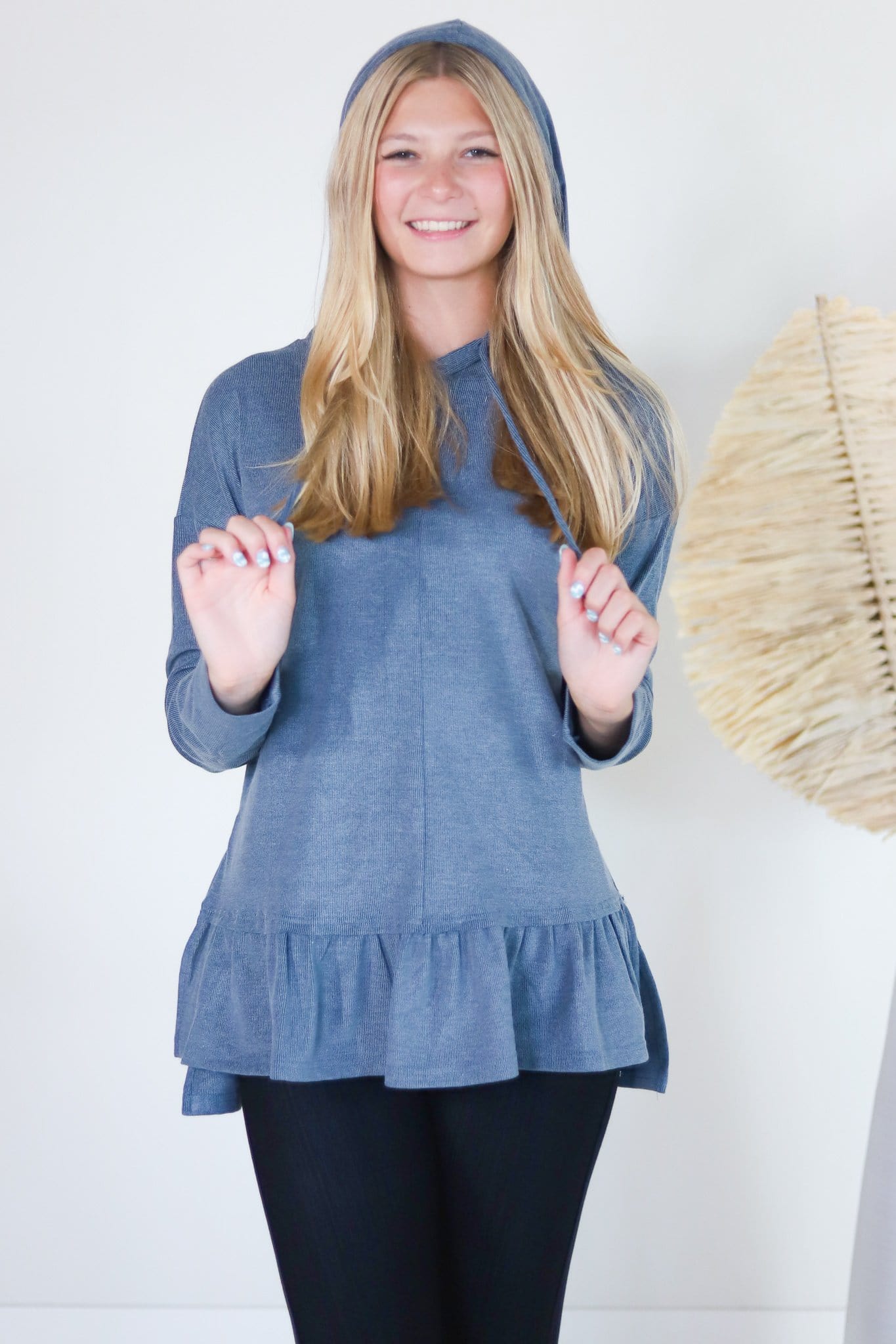 Ribbed Ruffle Hem Hooded Top