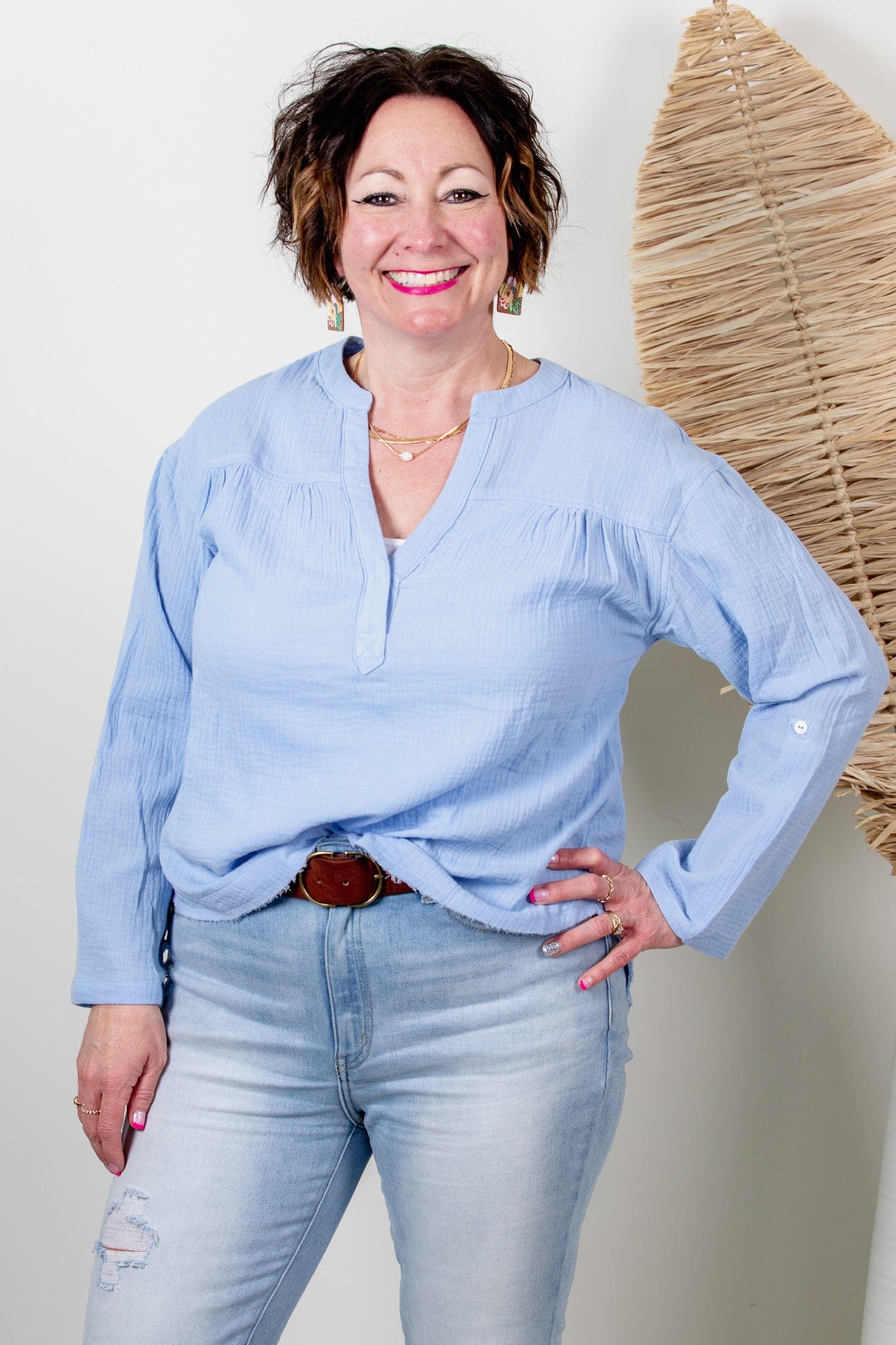 Sky 3/4 Sleeve Gauze Top