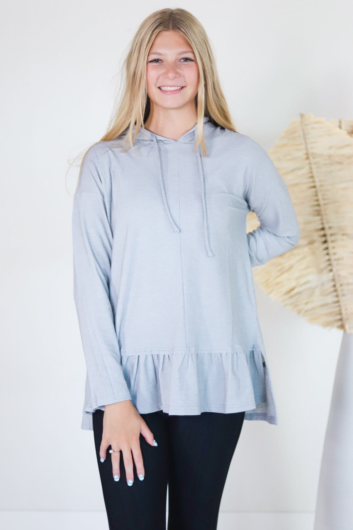 Ribbed Ruffle Hem Hooded Top