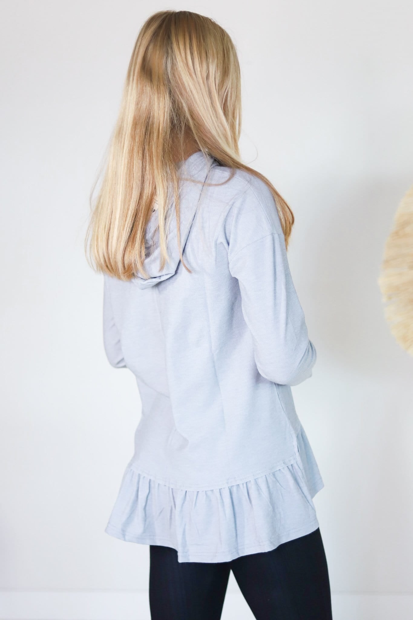 Ribbed Ruffle Hem Hooded Top
