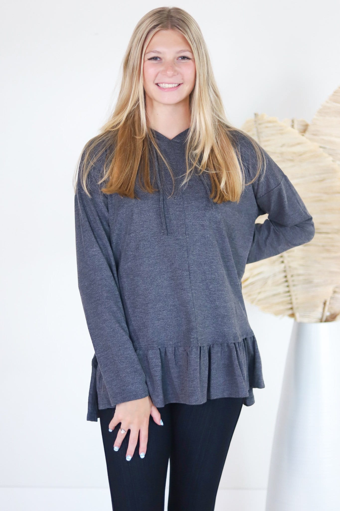 Ribbed Ruffle Hem Hooded Top