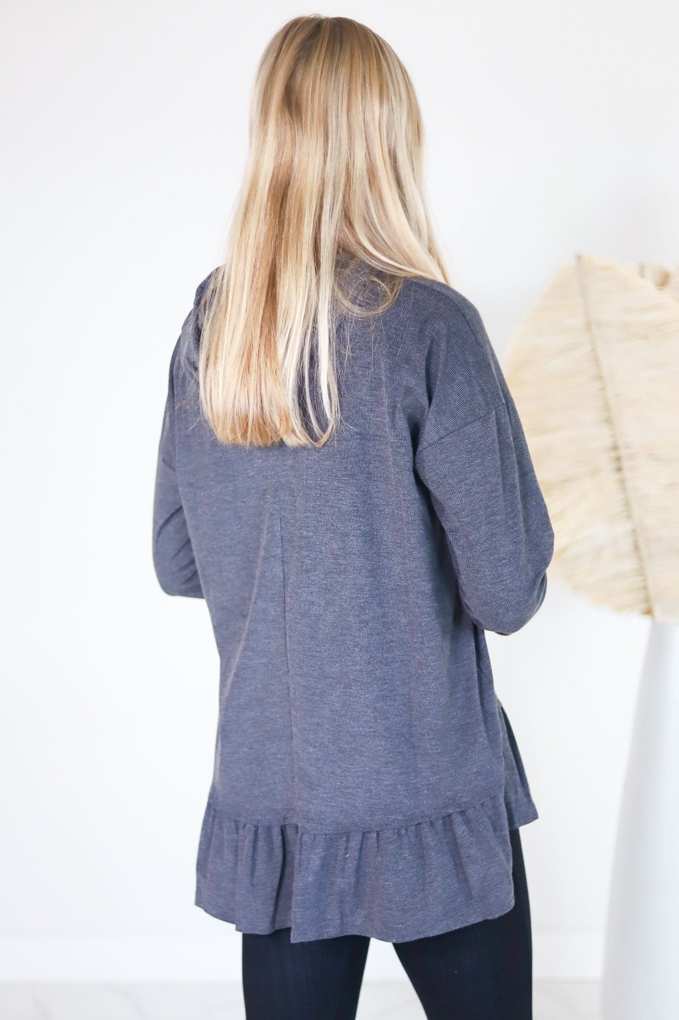 Ribbed Ruffle Hem Hooded Top