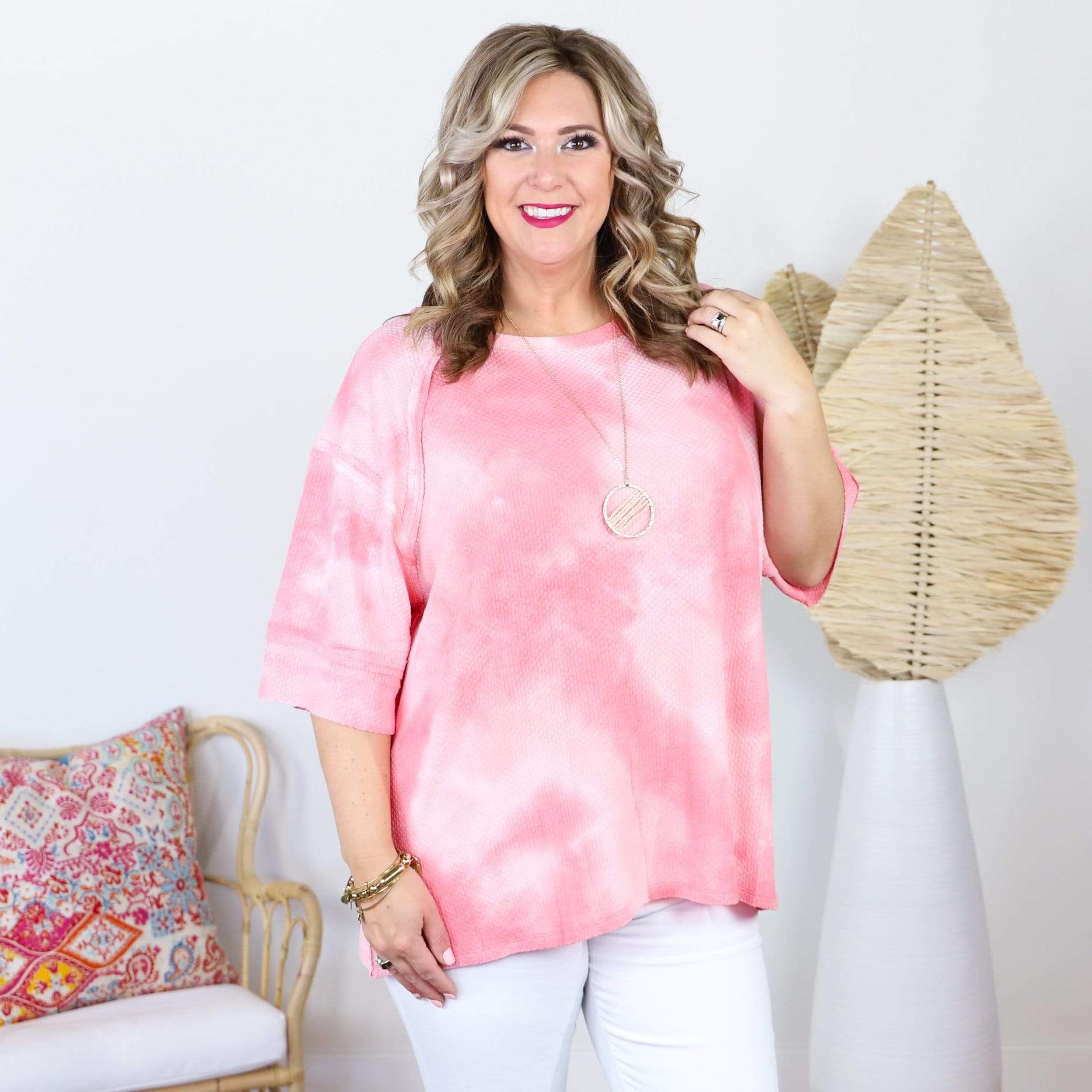 coral tie dye knit 3/4 sleeve top