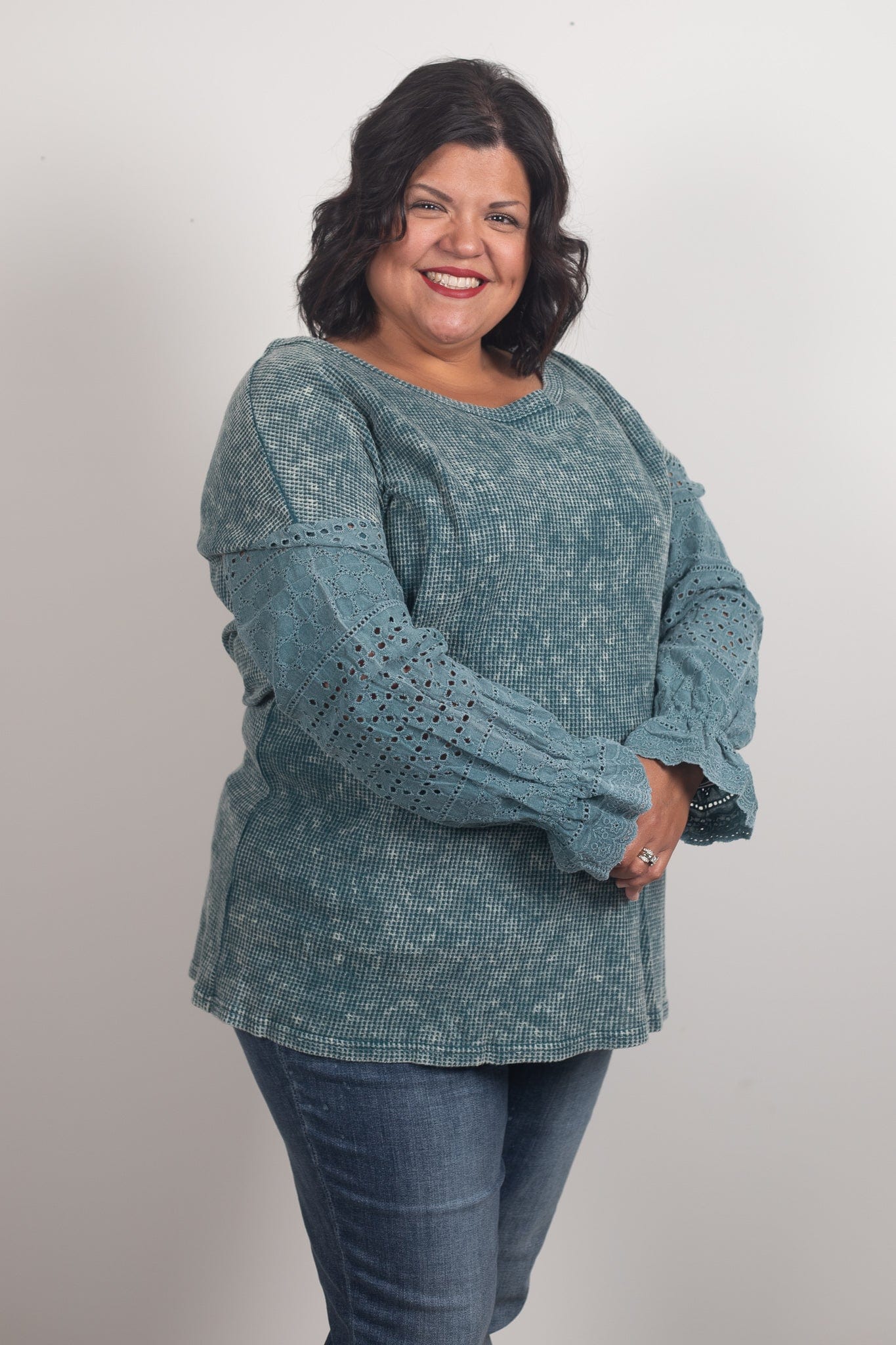 Teal Washed Lace Splicing Thermal Top