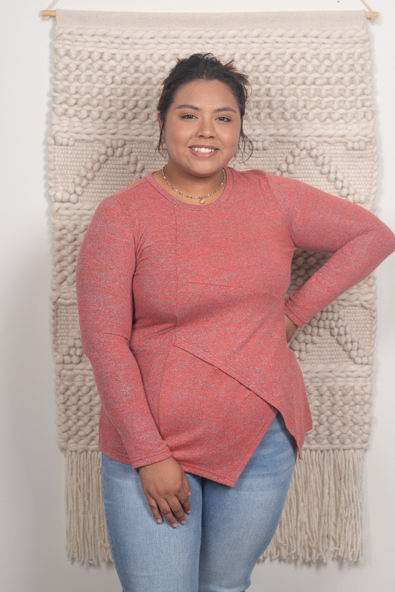 Heathered Salmon Asymmetrical Knit Top