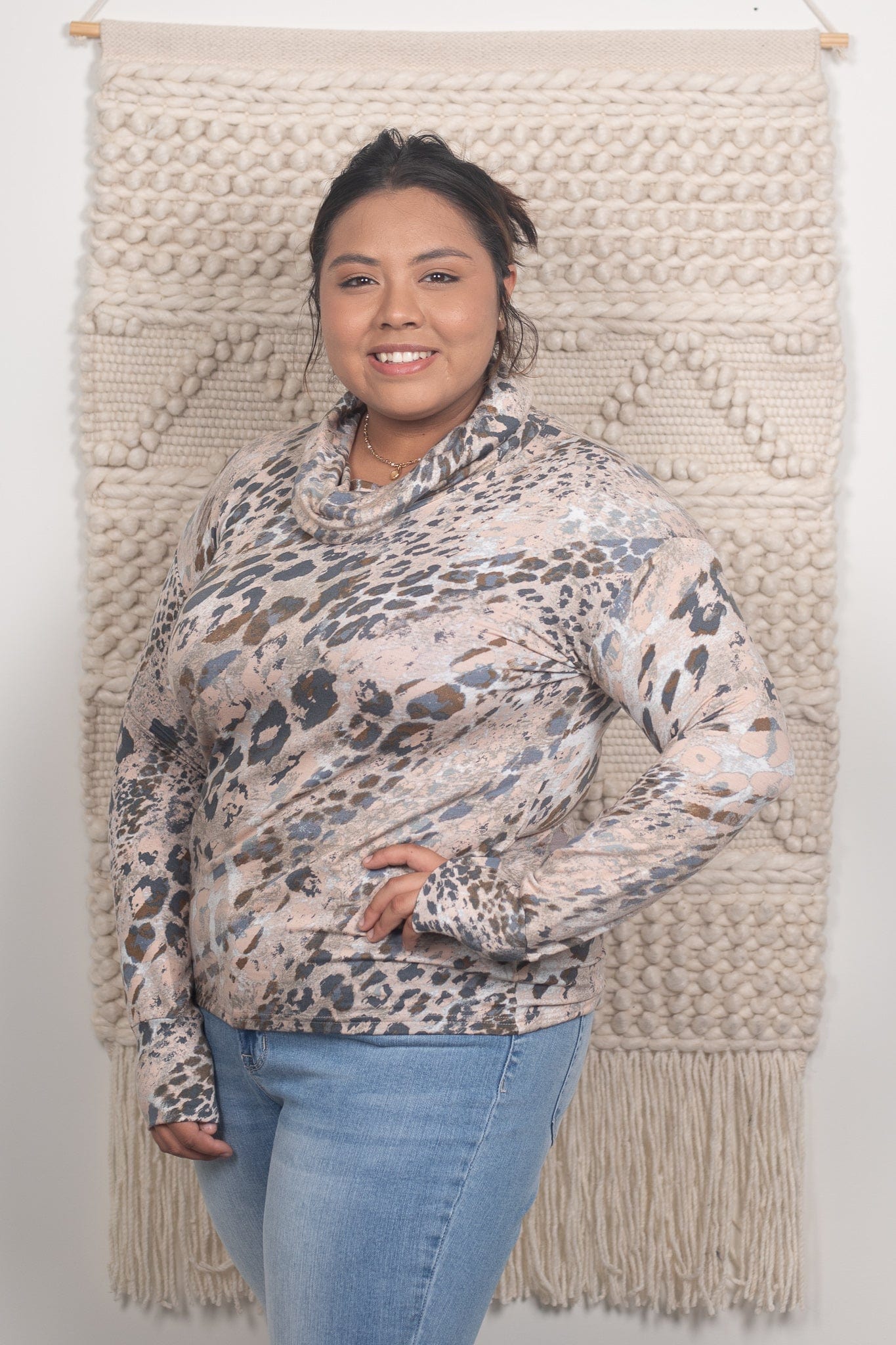 Leopard Terry Wide Turtleneck Top