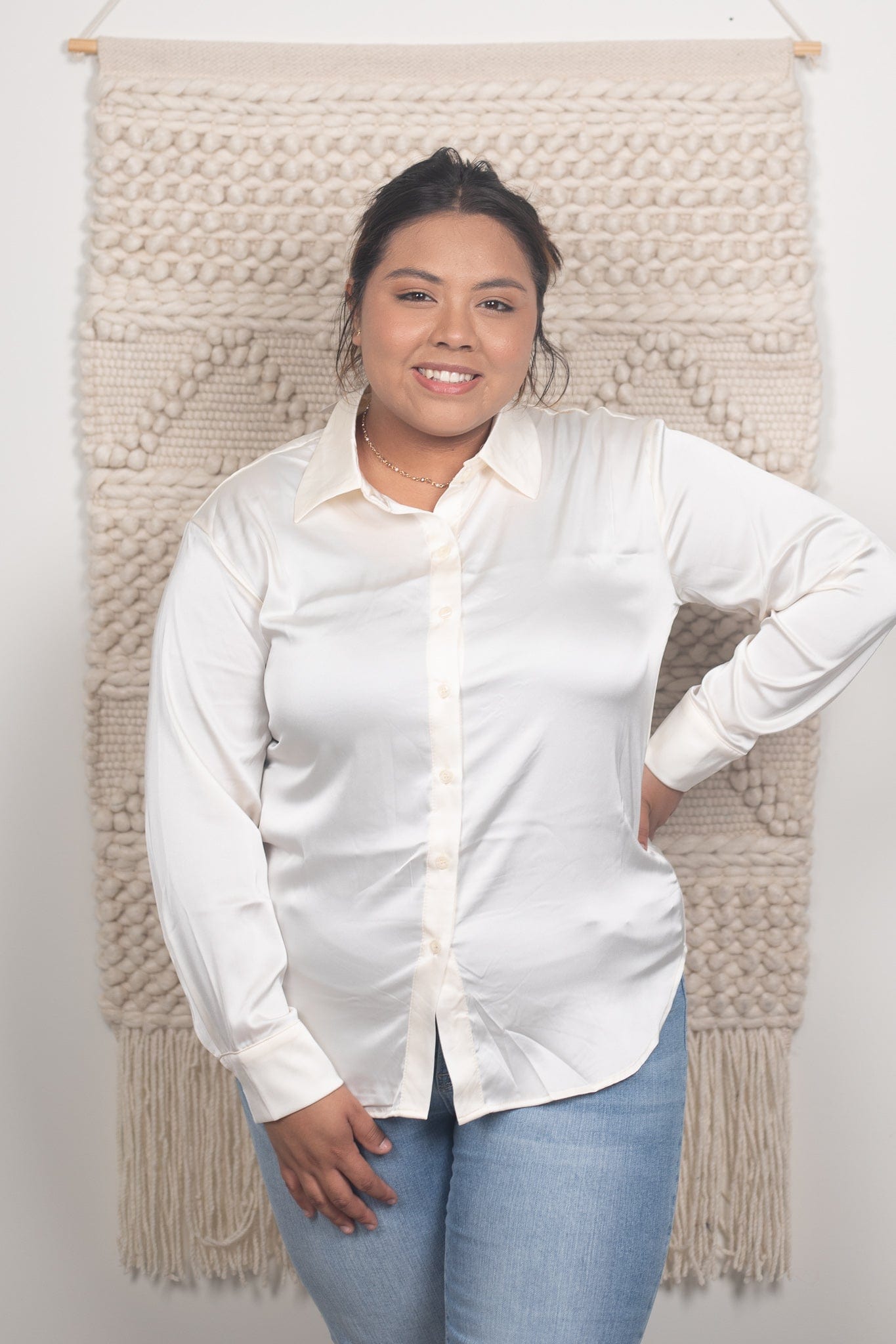 Cream Satin Charmeuse Button Front Shirt