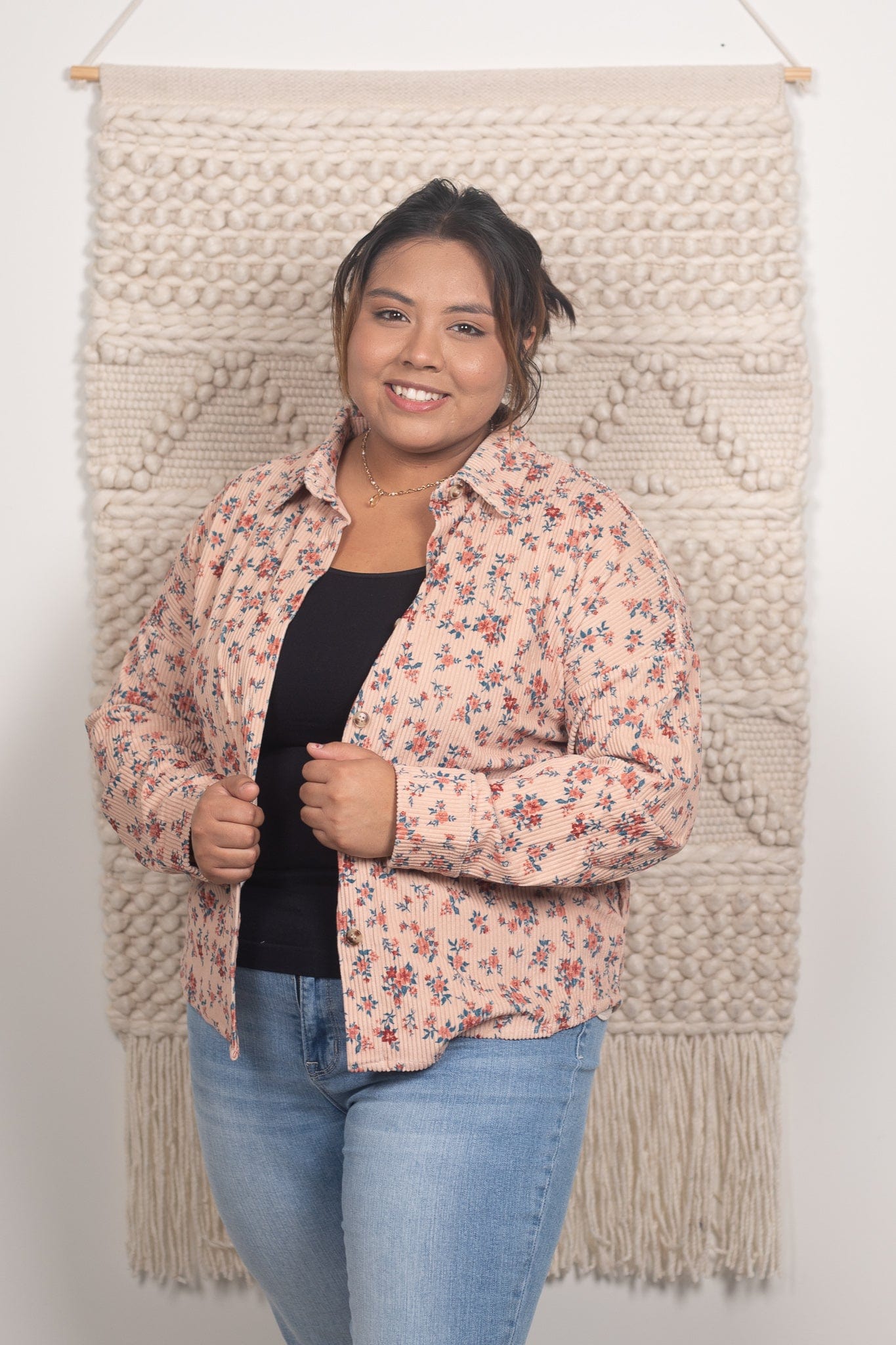Beige Flower Stretch Button Down