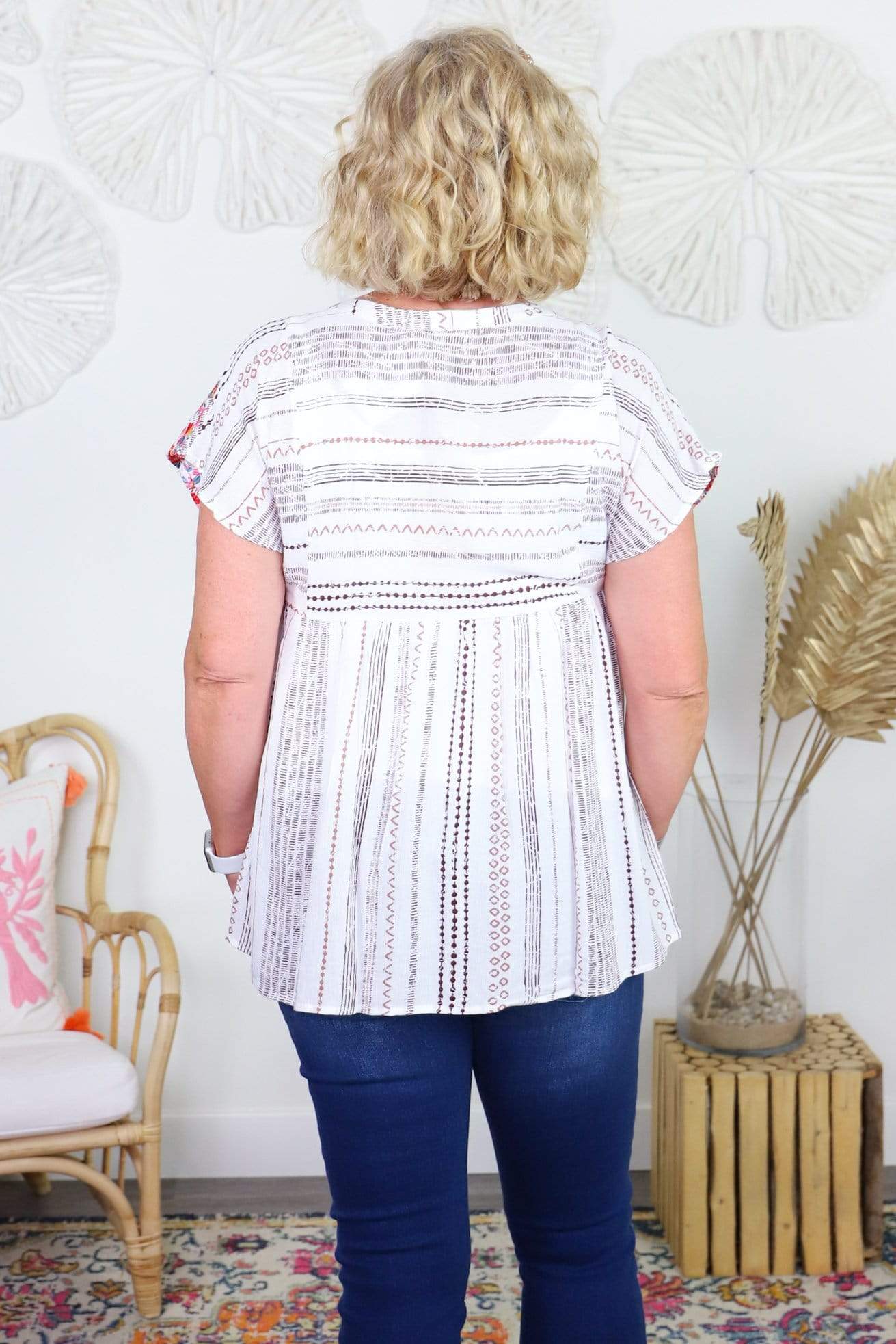 ivory stripe embroidered short sleeve top