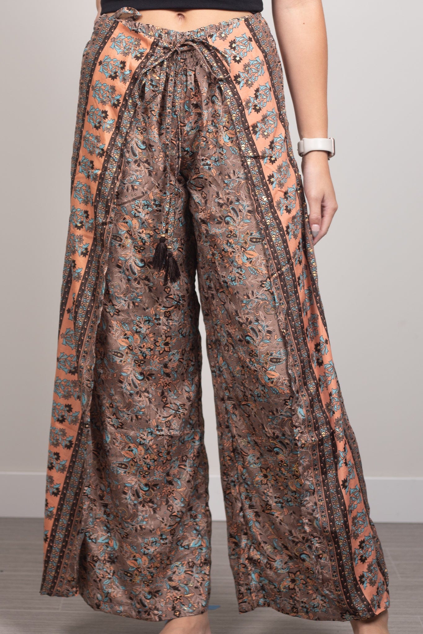 Peach & Brown Print Metallic Faux Wrap Pant