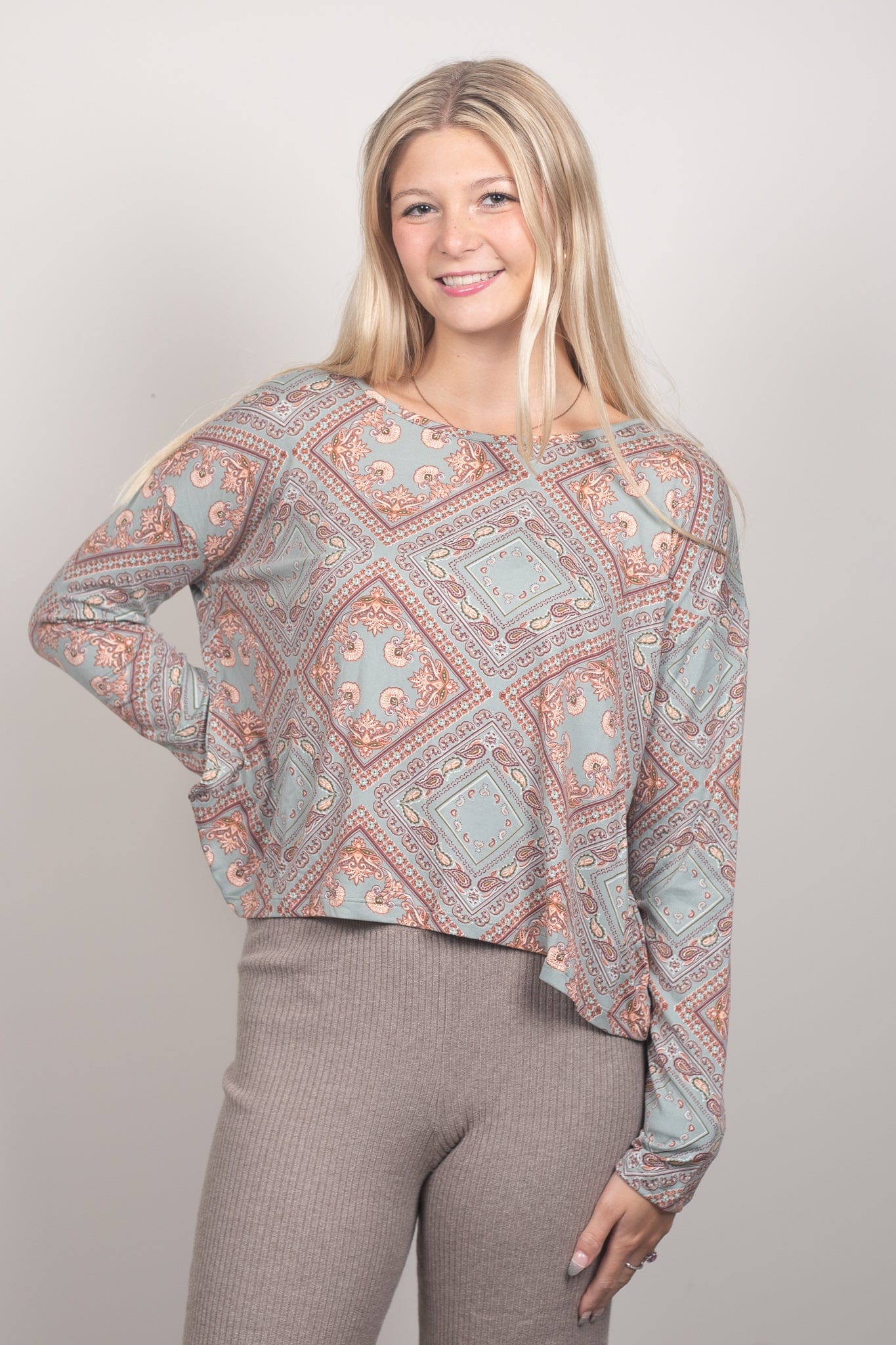 Sage Patchwork Long Sleeve Top