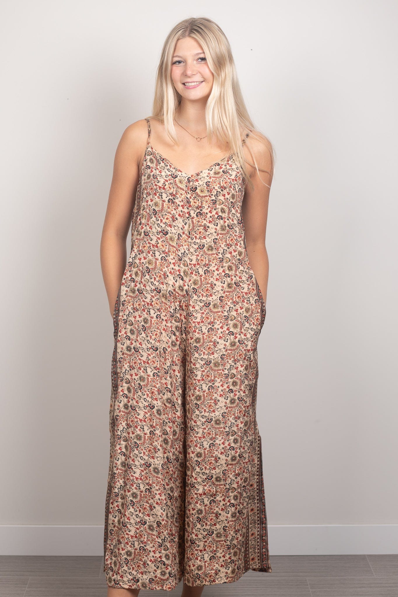 Beige & Maroon Floral Metallic Jumpsuit
