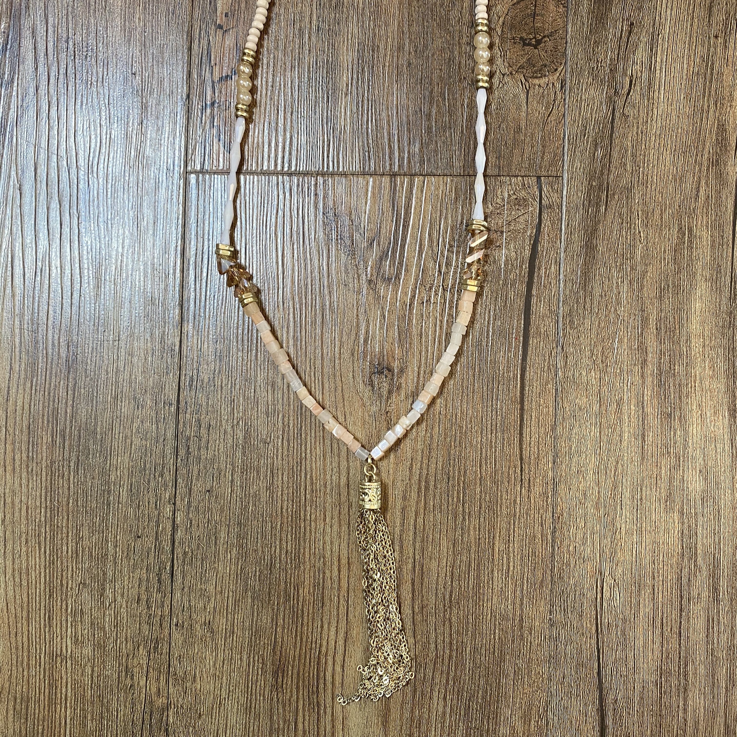 Rose Beaded Gold Tassel Necklace