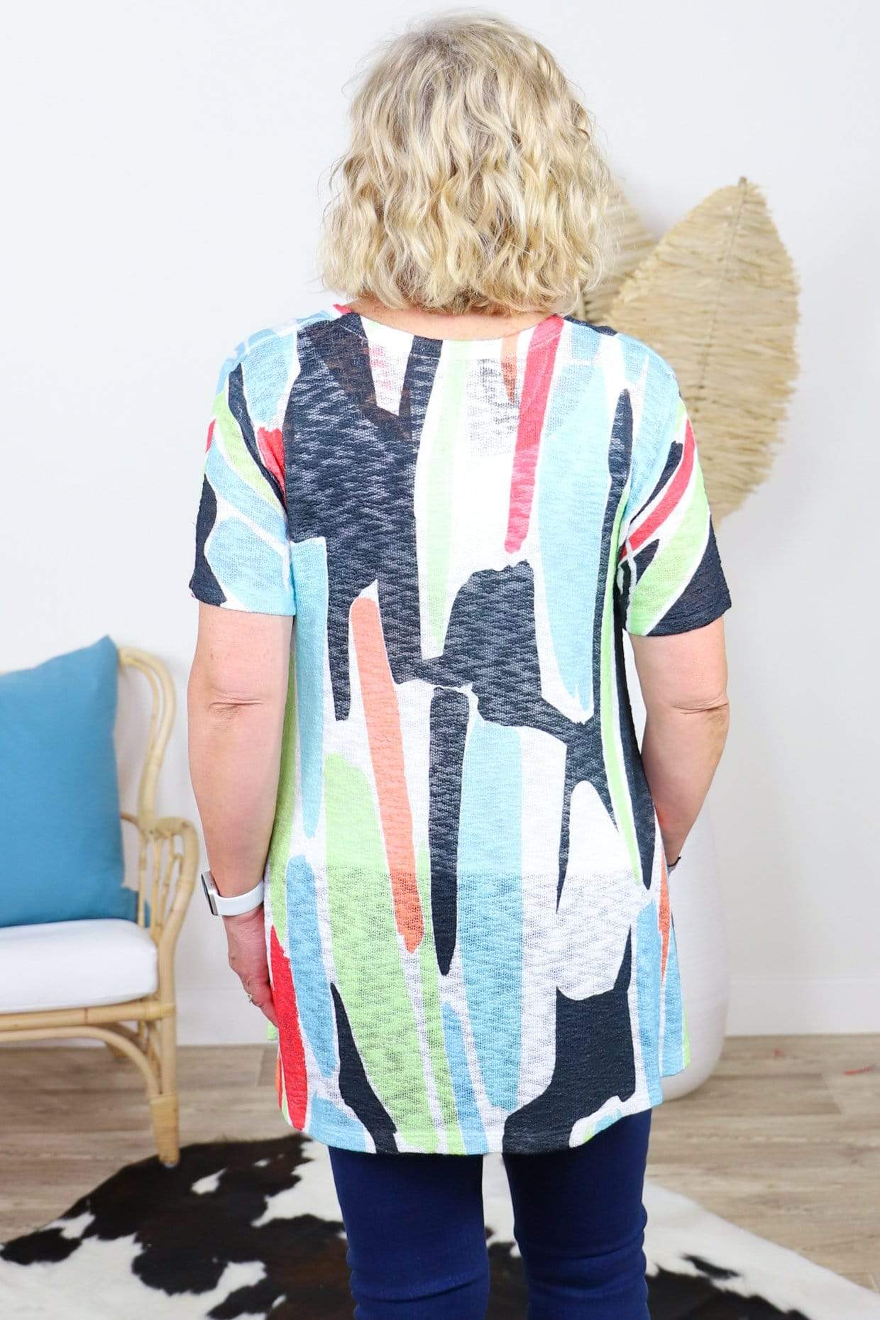 multi color pattern short sleeve sweater