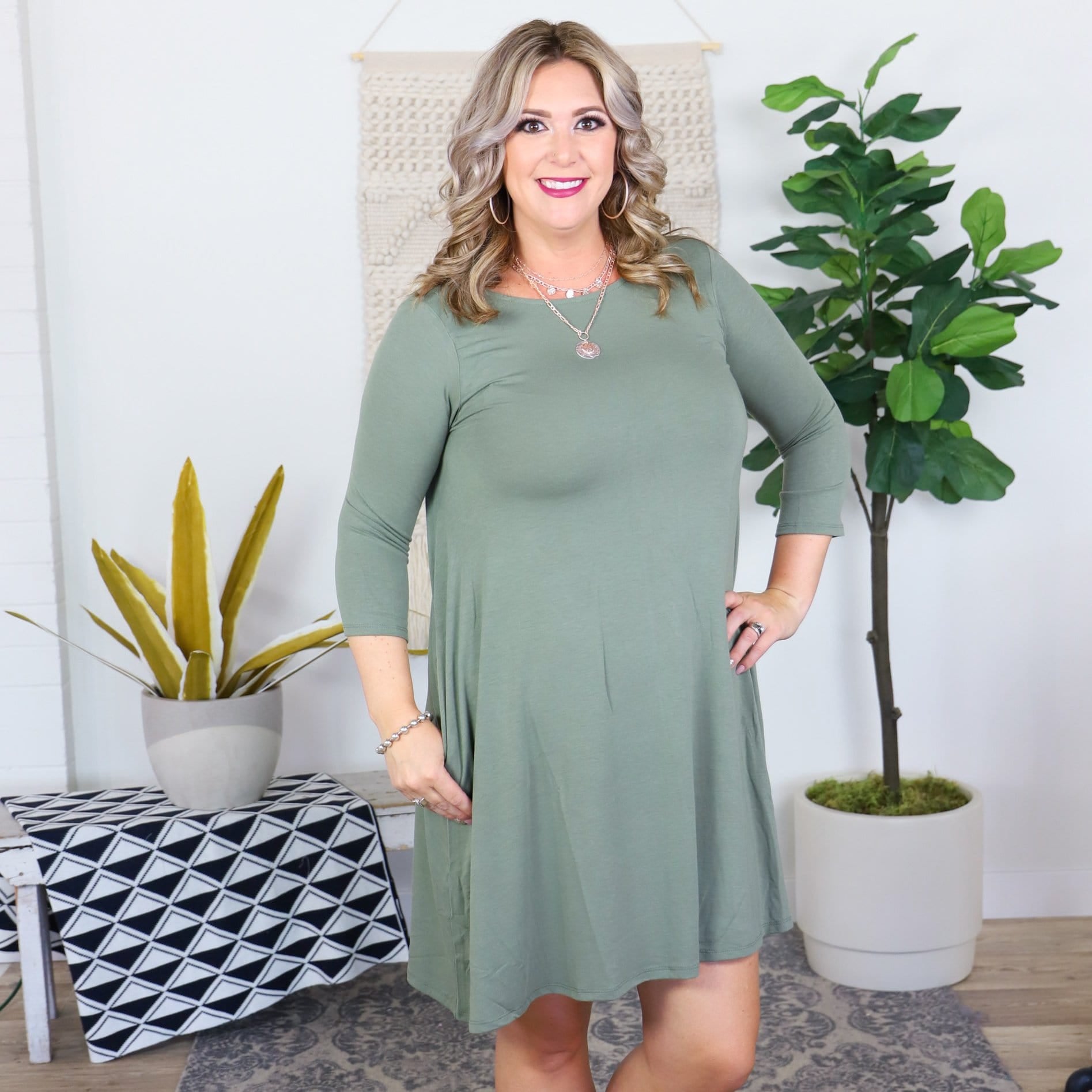 Earth Tones 3/4 Sleeve Flare Pocket Dress