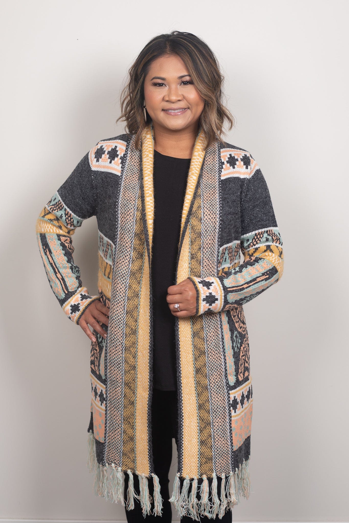 Black Tribal Cardi W/ Fringe