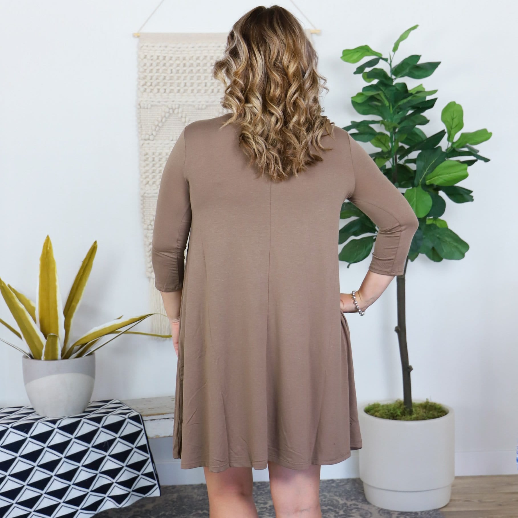 Earth Tones 3/4 Sleeve Flare Pocket Dress