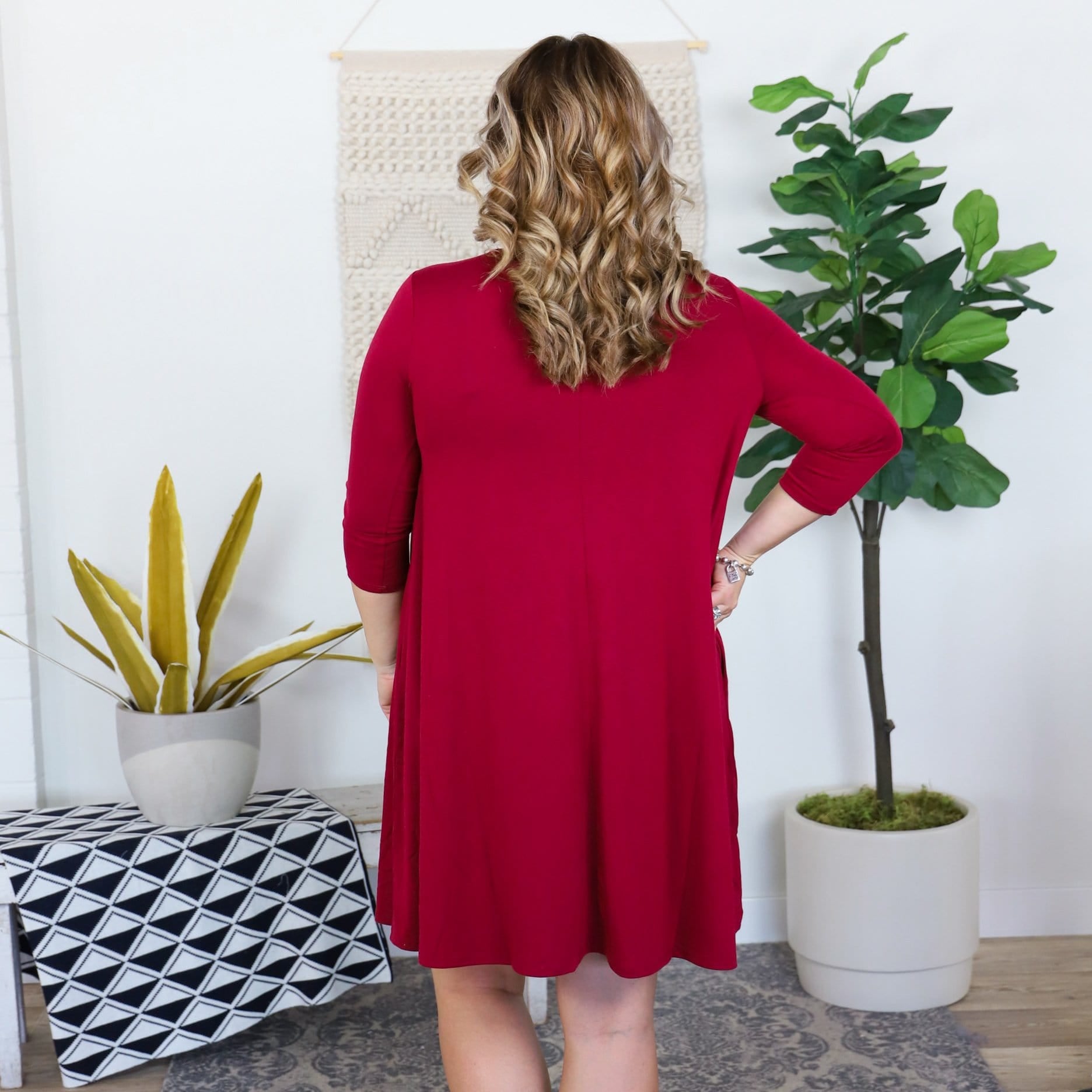 Earth Tones 3/4 Sleeve Flare Pocket Dress