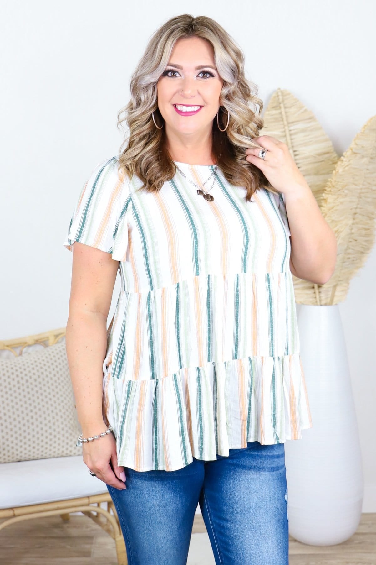 green and tan stripes with ruffles top