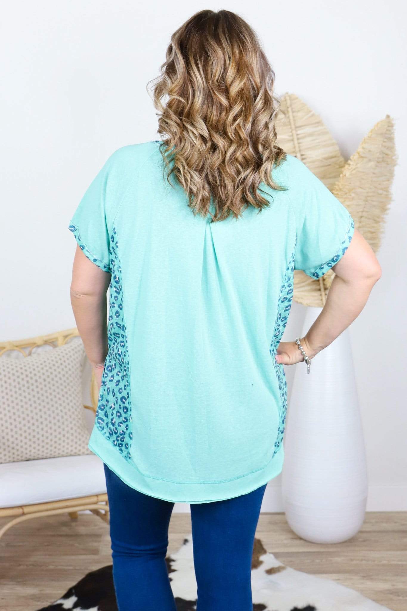 Mint leopard print on sides, solid mint on front and back