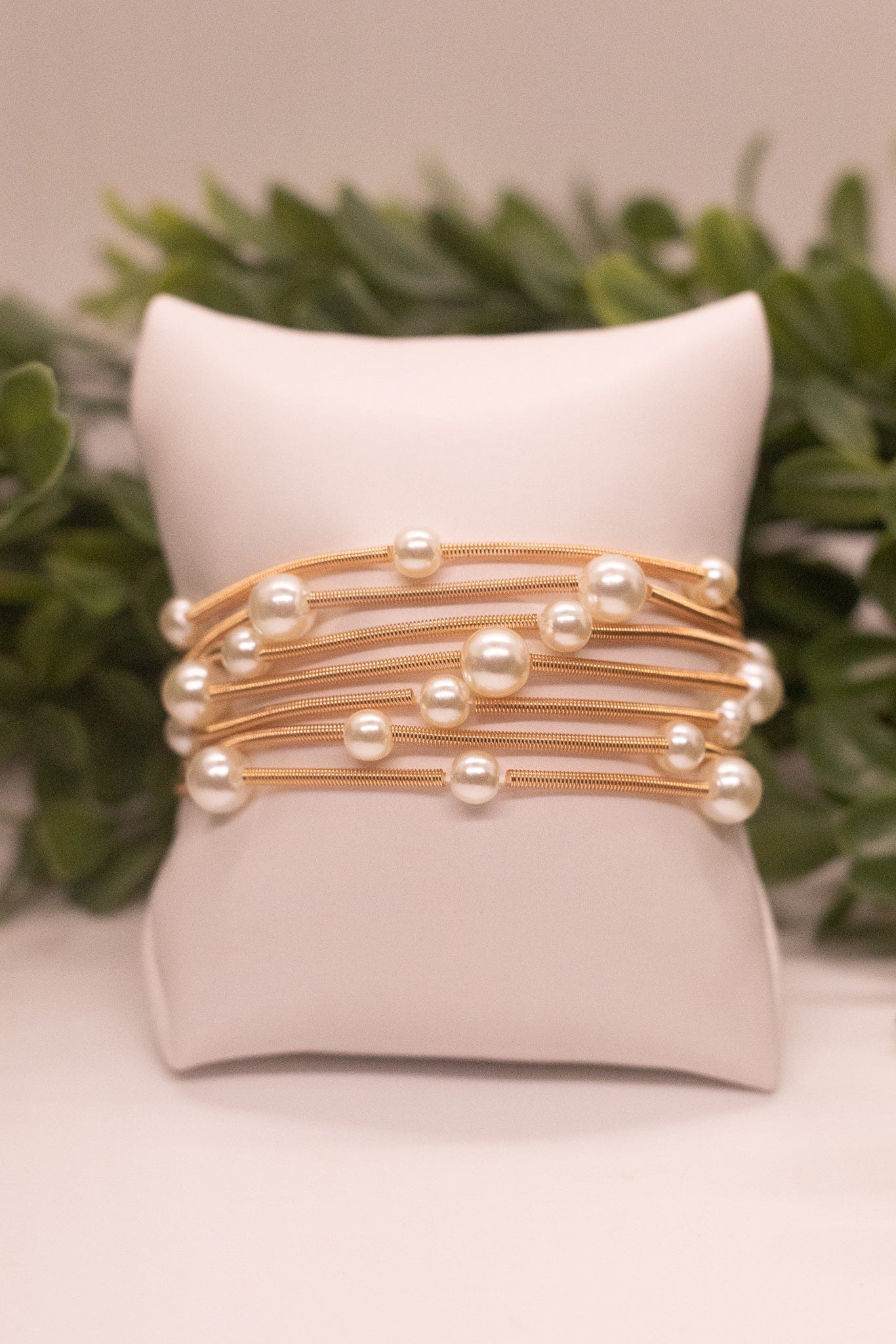 Gold Guitar String & Pearl 7pc Bracelet Set