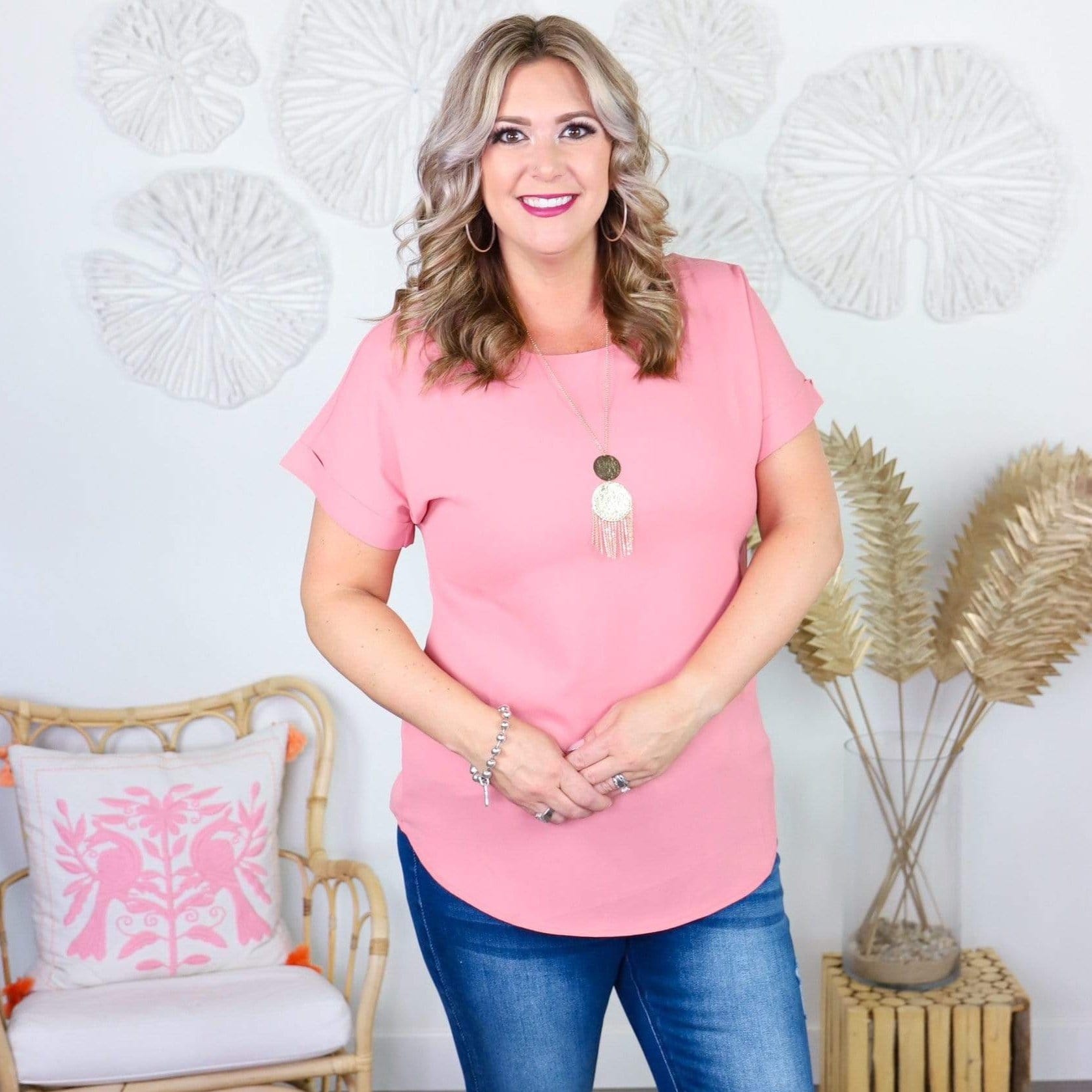 Woven Rolled Sleeve Boat Neck Top