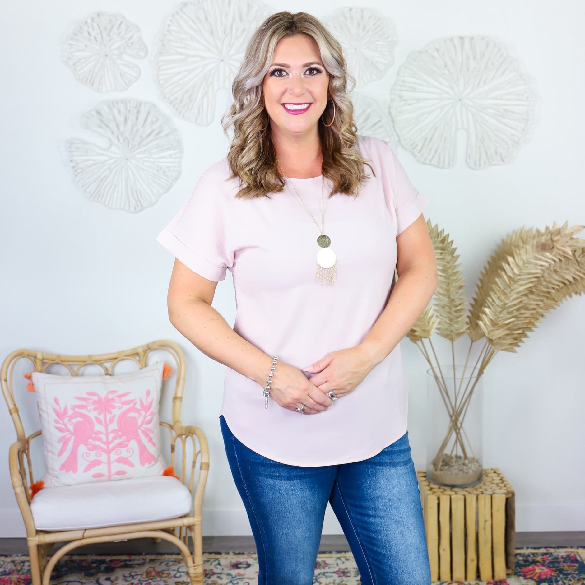 Woven Rolled Sleeve Boat Neck Top