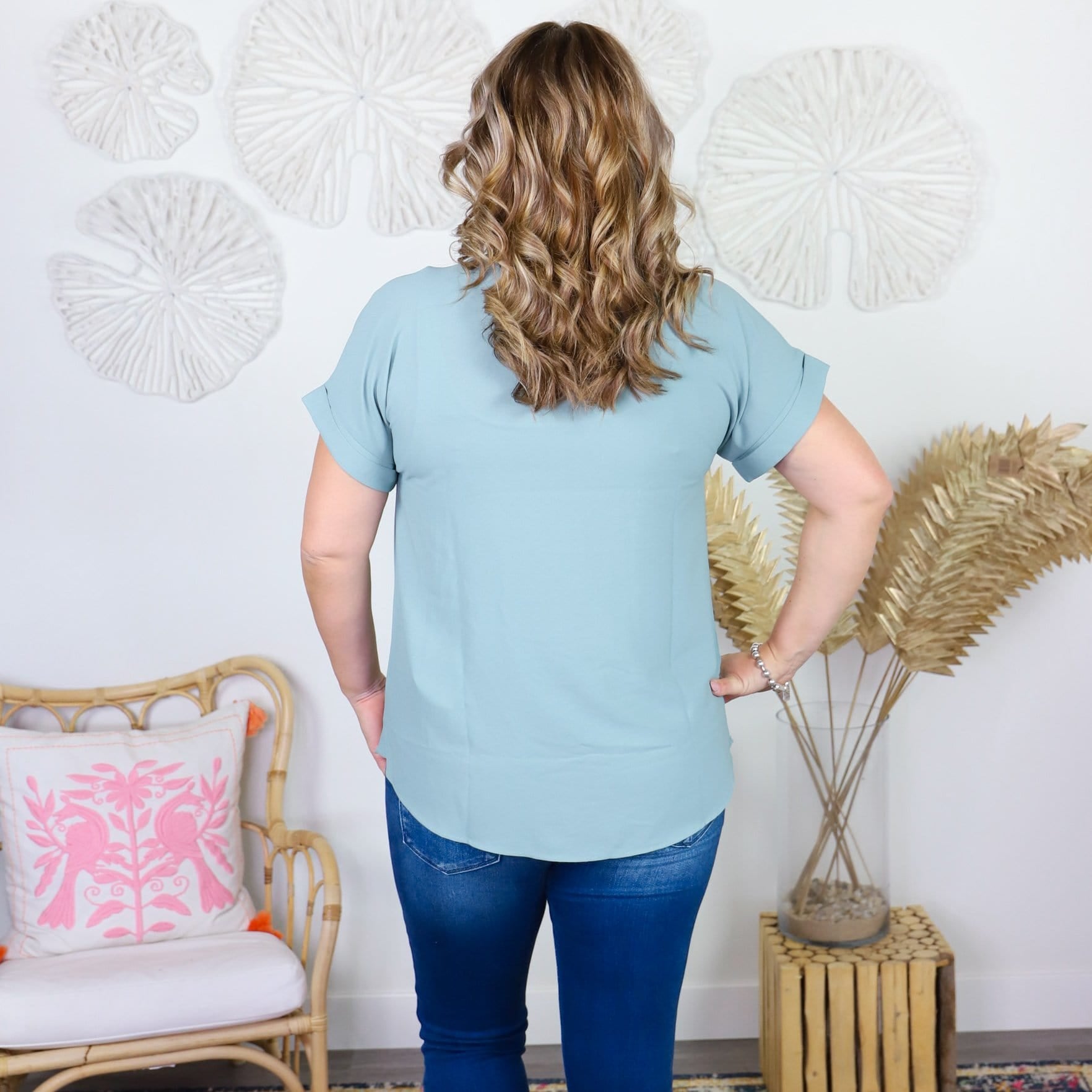 Woven Rolled Sleeve Boat Neck Top